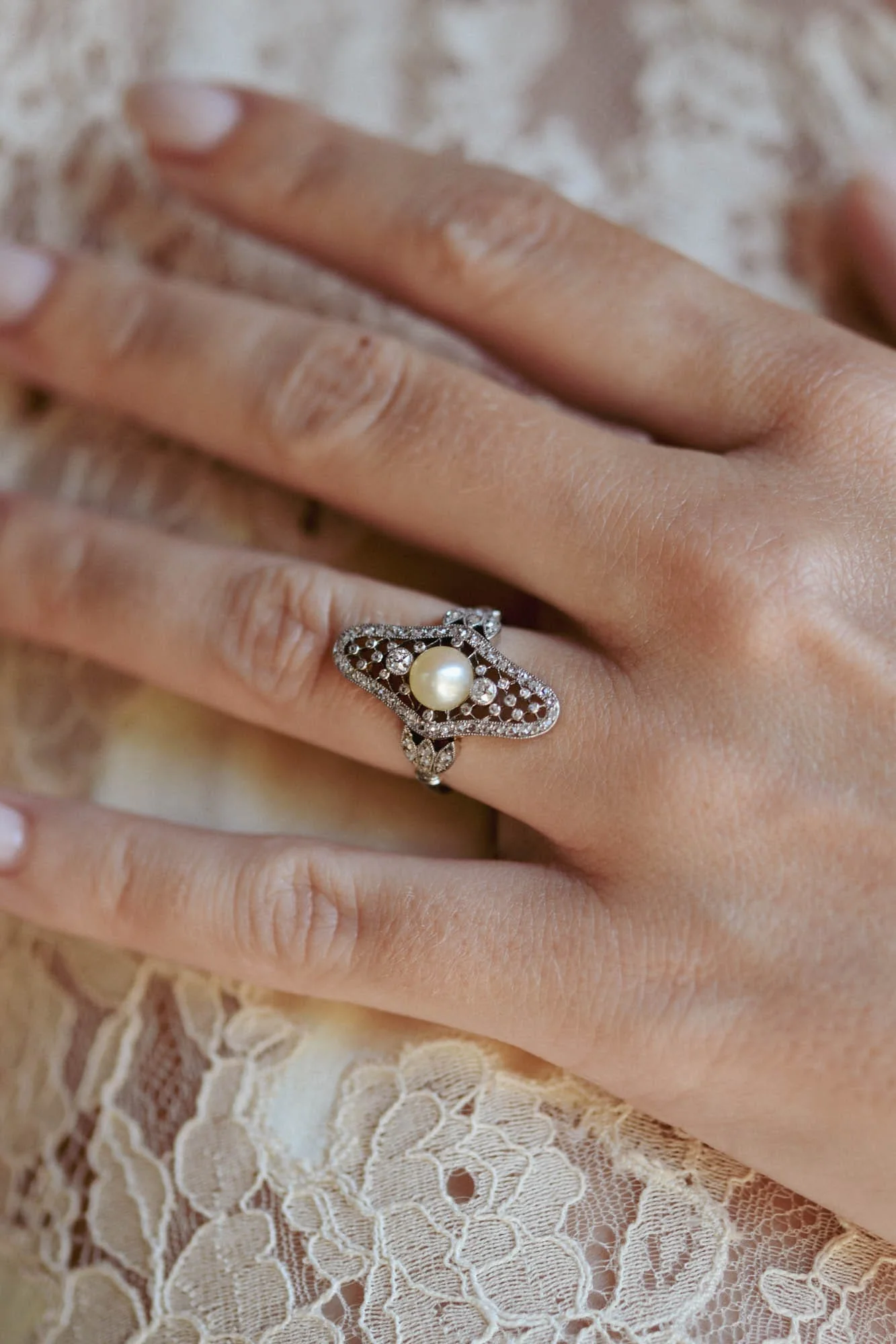 Edwardian Natural Saltwater Pearl & Diamond Navette Antique Dinner Ring - Image 6