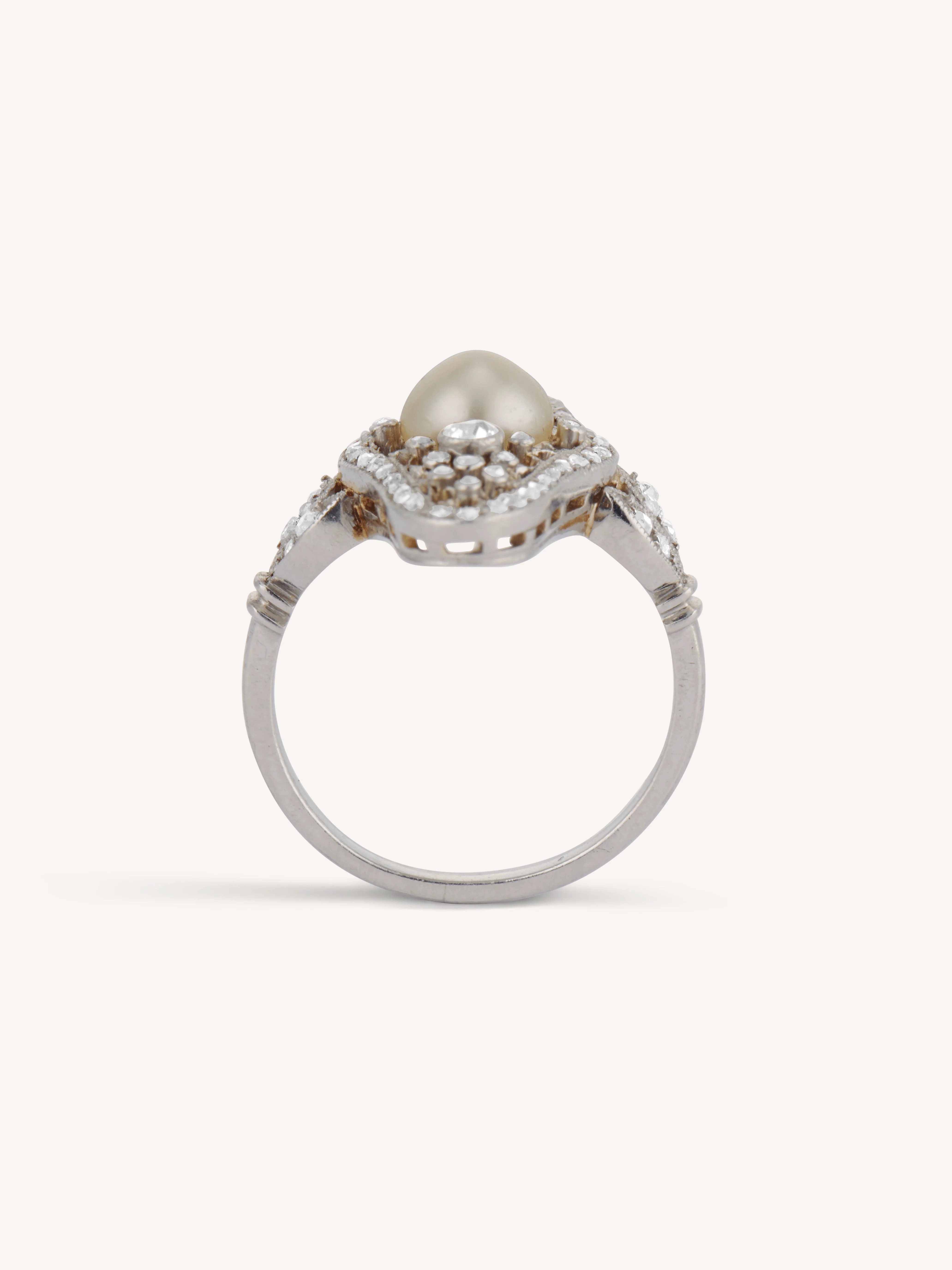 Edwardian Natural Saltwater Pearl & Diamond Navette Antique Dinner Ring - Image 7