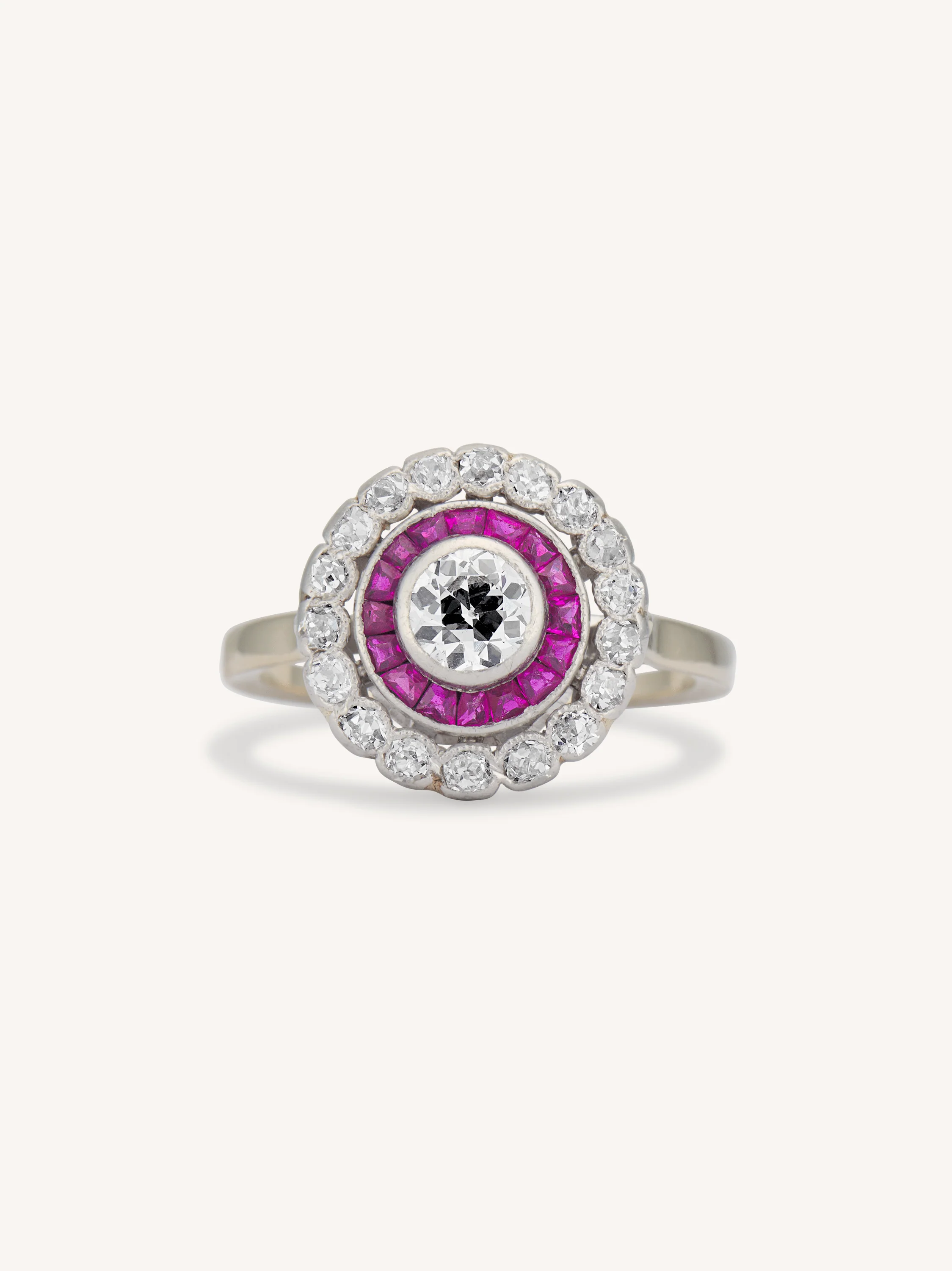 Edwardian Old European Cut Diamond & Ruby Antique Target Engagement Ring, France