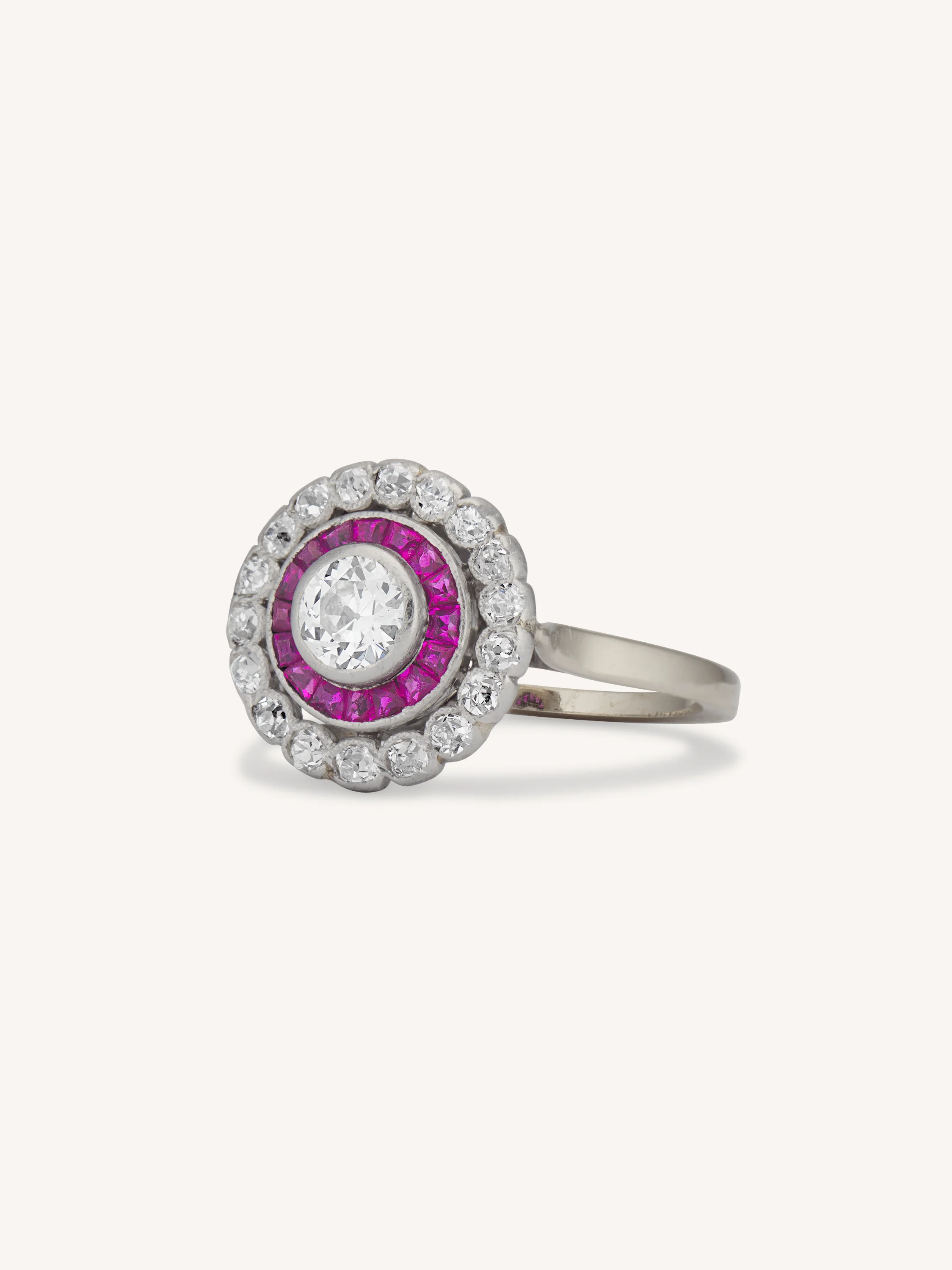 Edwardian Old European Cut Diamond & Ruby Antique Target Engagement Ring, France - Image 4