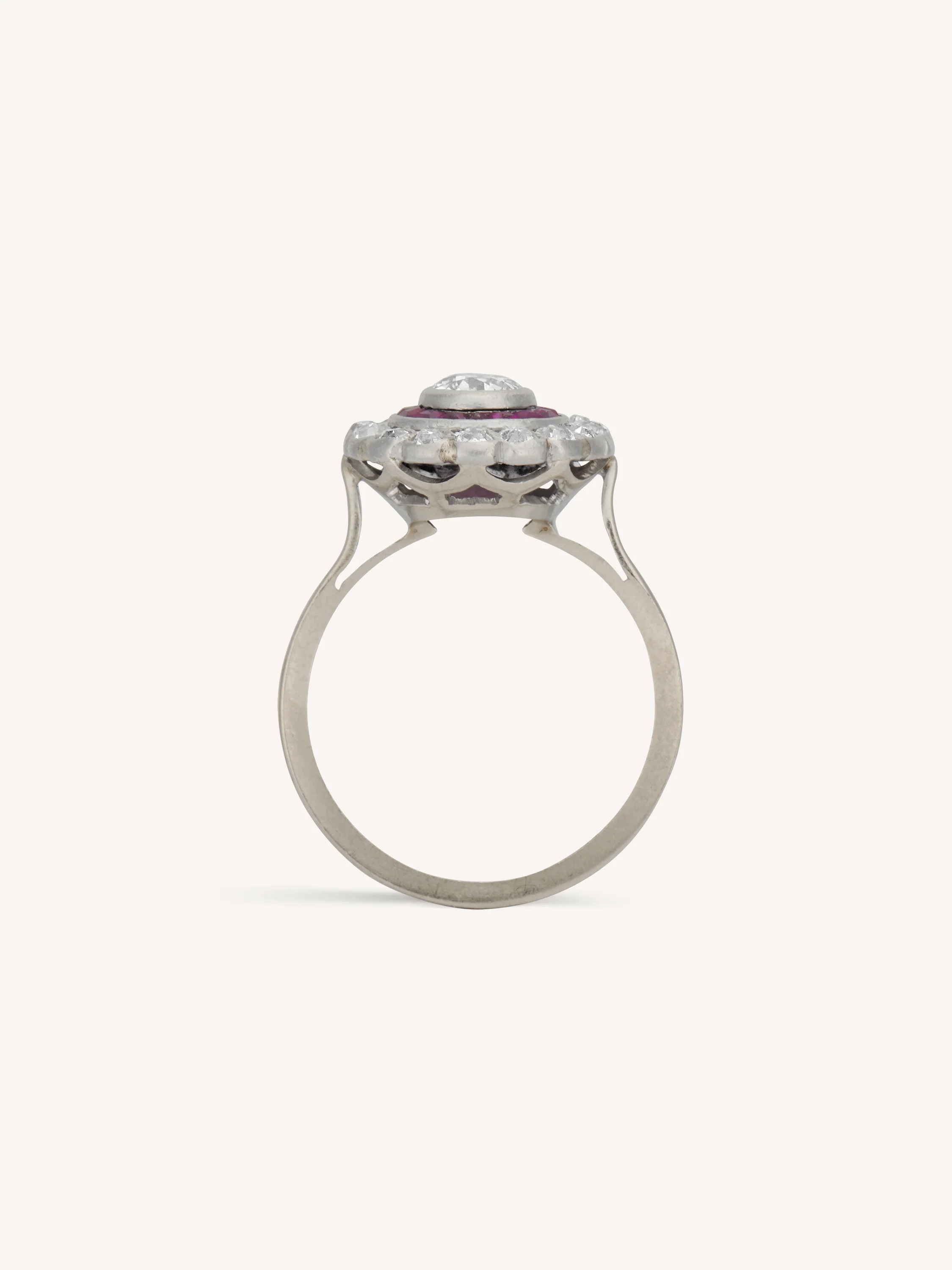 Edwardian Old European Cut Diamond & Ruby Antique Target Engagement Ring, France - Image 7