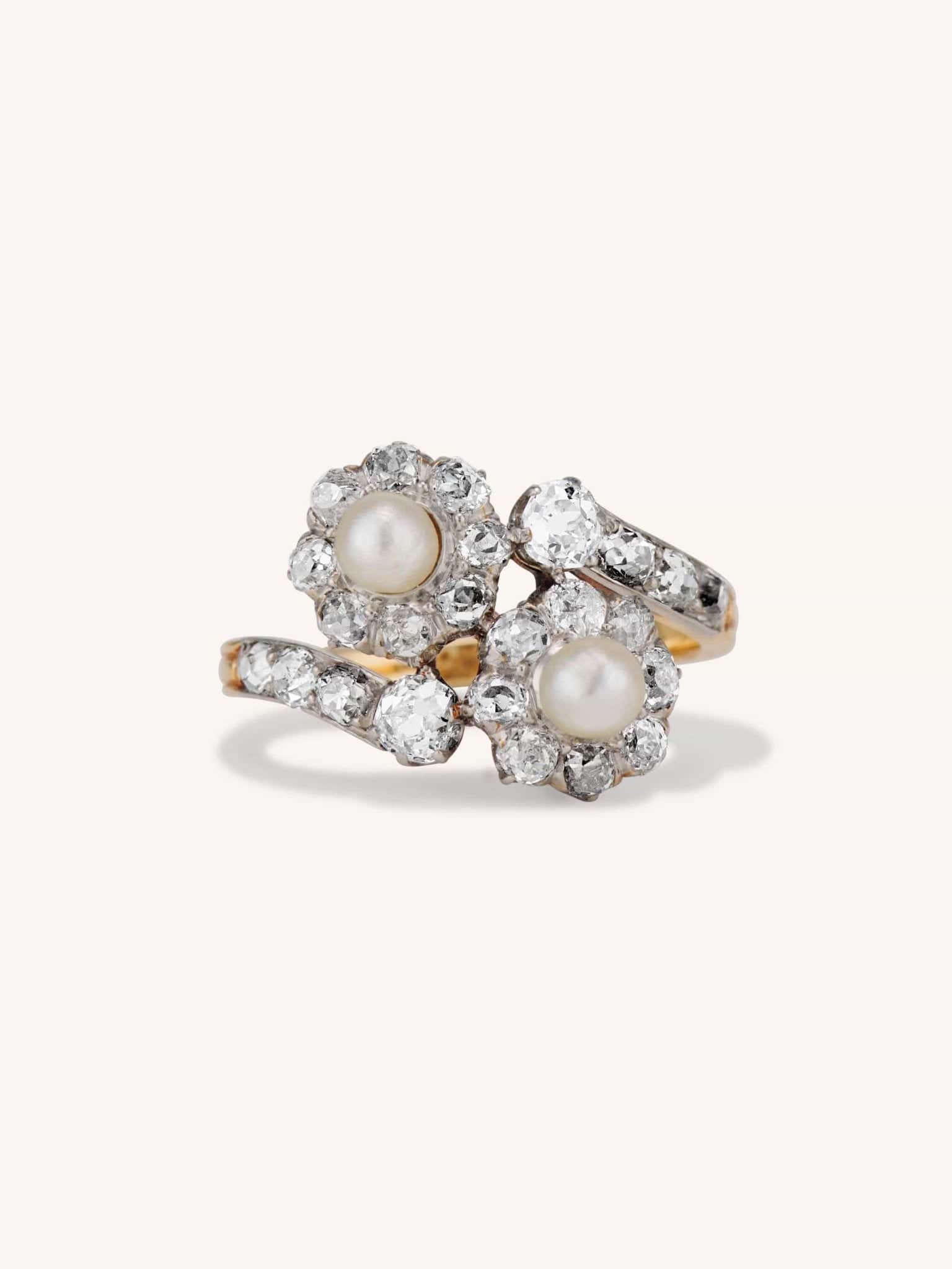 Edwardian Pearl & Old Mine Diamond Toi et Moi Ring