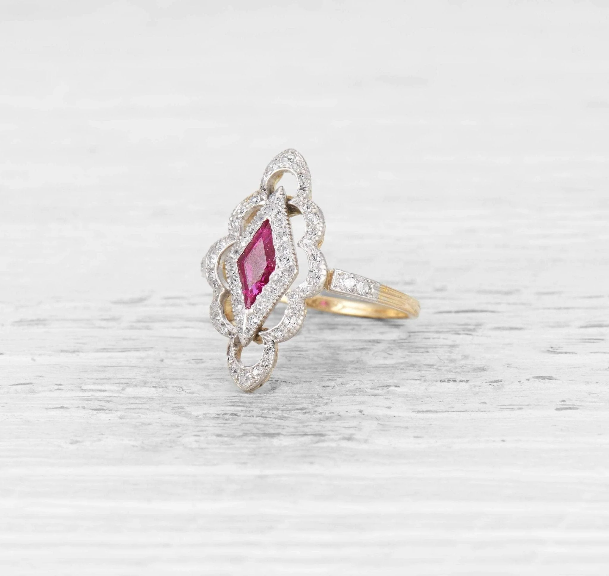 EDWARDIAN RUBY AND DIAMOND NAVETTE RING