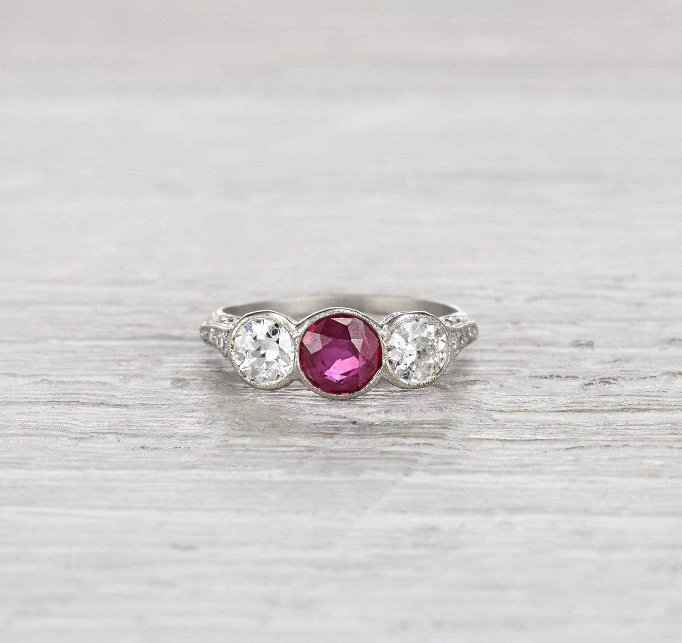 Edwardian Ruby and Diamond Three Stone Engagement Ring - Image 2