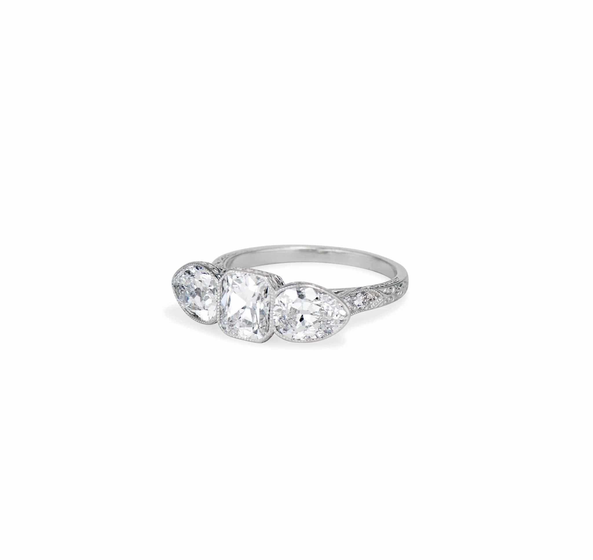 Edwardian Three Stone Emerald & Pear Cut Diamond Engagement Ring - Image 2