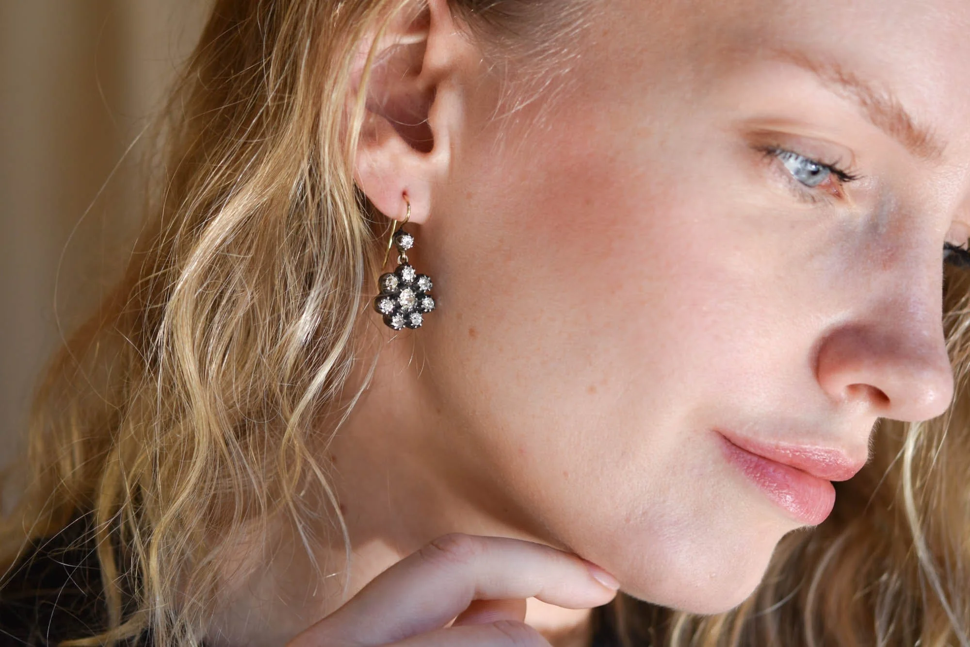Estate Old Mine Cut Diamond Cluster French Hook Earrings - Image 3
