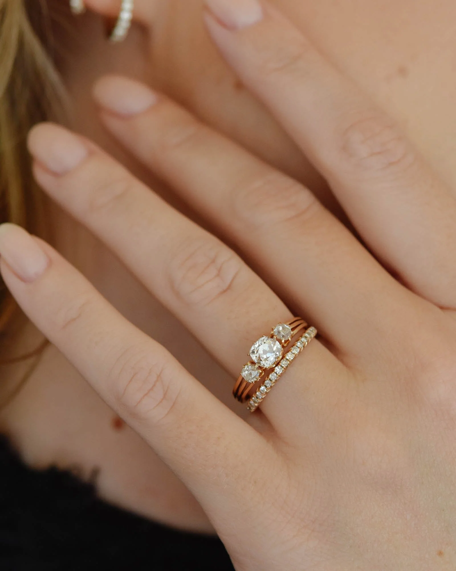 French Belle Époque Old Mine Cushion Three Stone Rose Gold Vintage Engagement Ring - Image 3