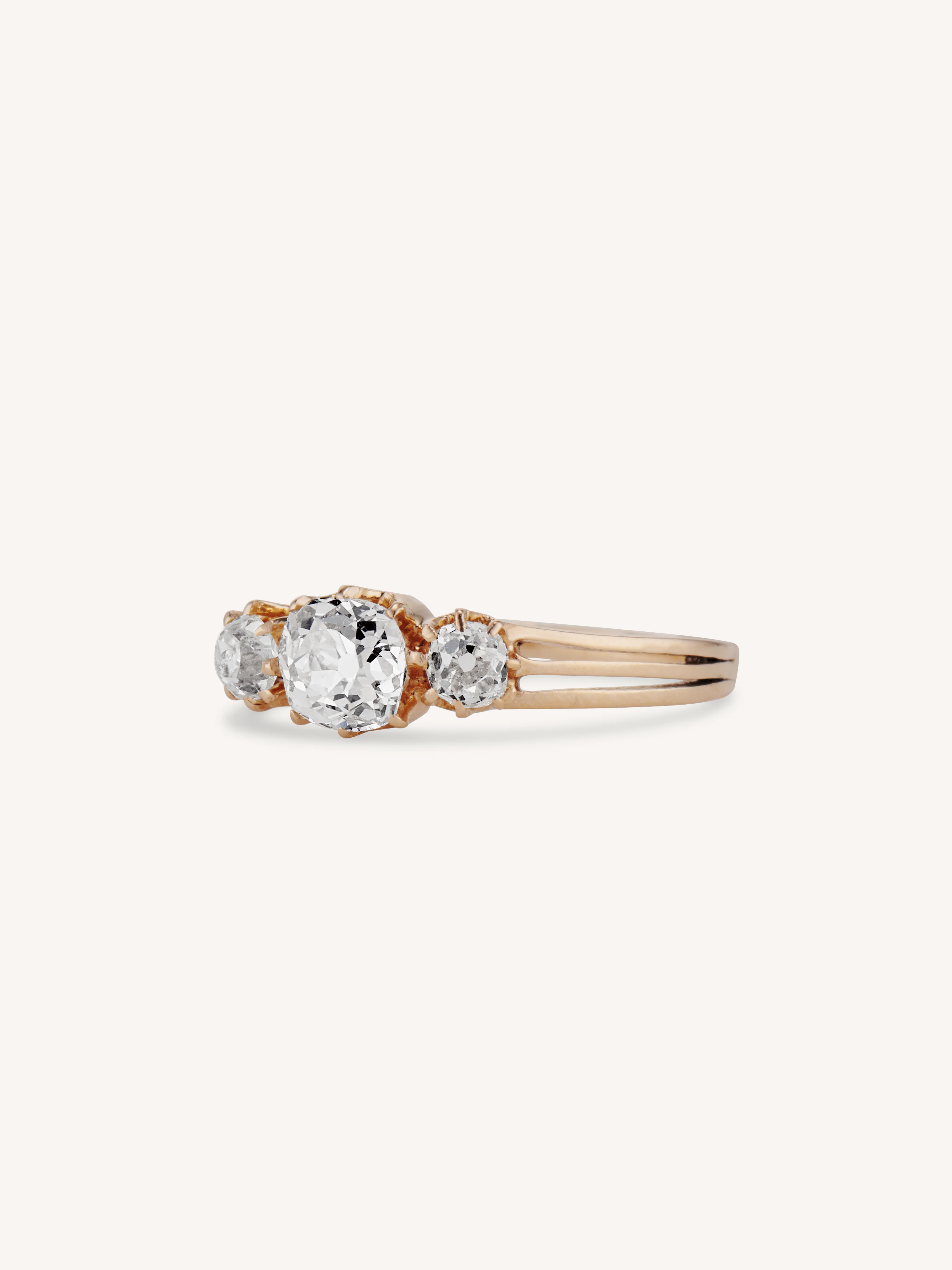 French Belle Époque Old Mine Cushion Three Stone Rose Gold Vintage Engagement Ring - Image 4