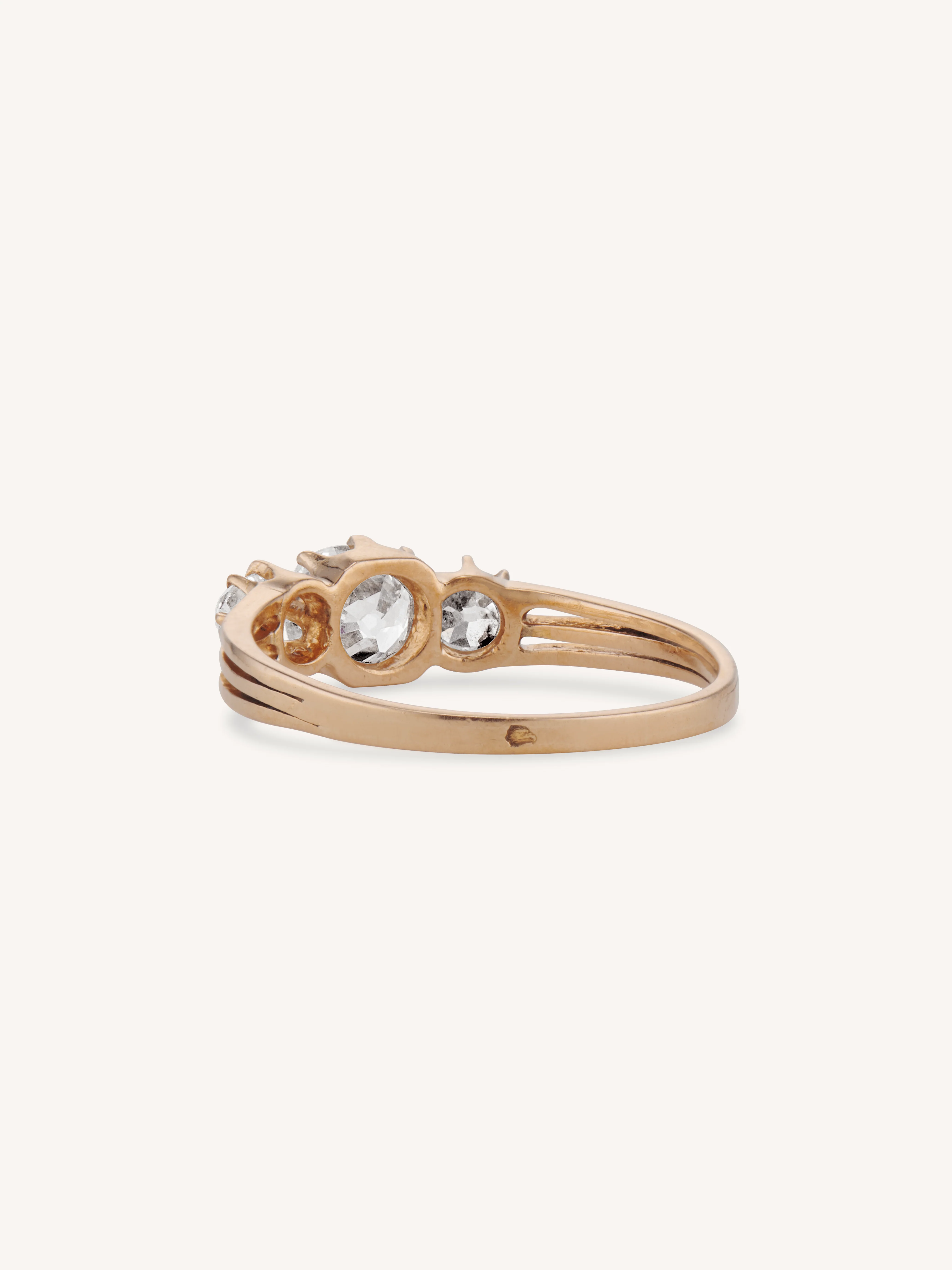 French Belle Époque Old Mine Cushion Three Stone Rose Gold Vintage Engagement Ring - Image 5