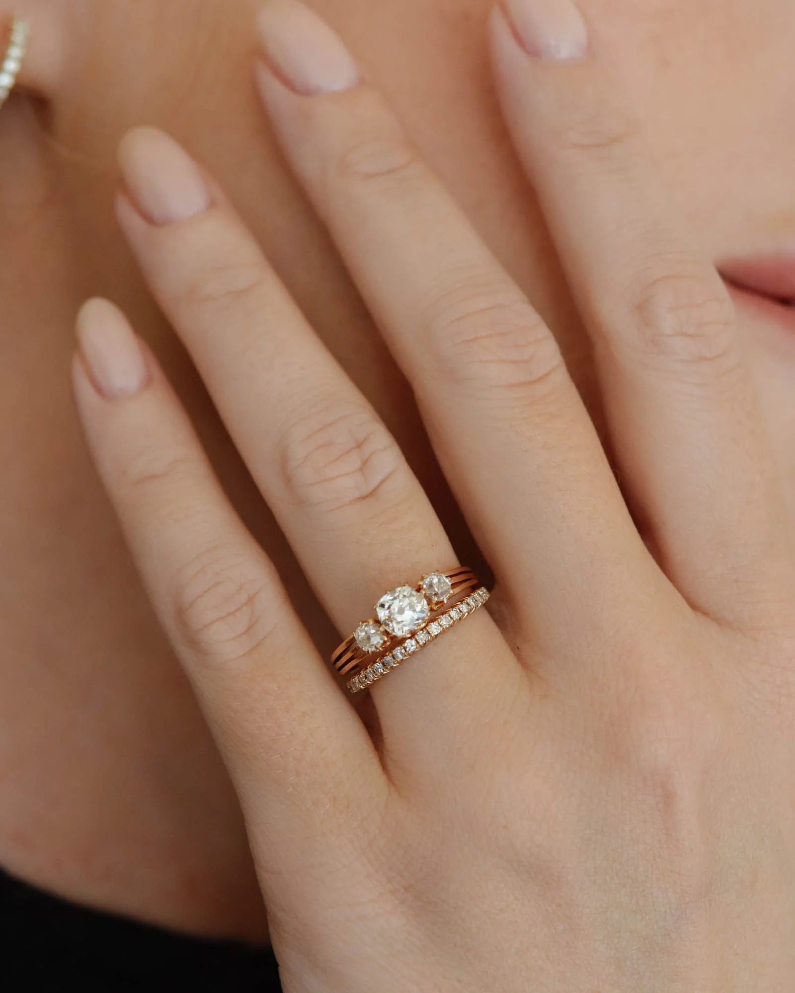 French Belle Époque Old Mine Cushion Three Stone Rose Gold Vintage Engagement Ring - Image 6