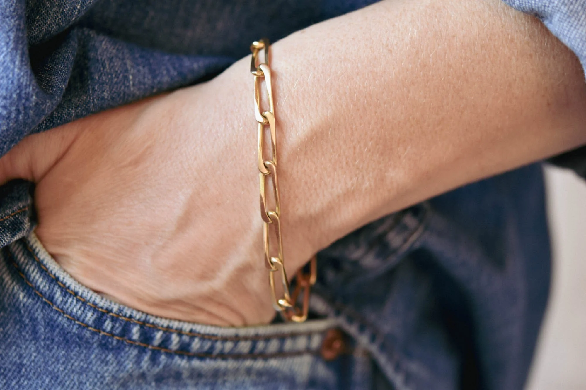 Gold Paperclip Link Vintage Chain-Link Bracelet, France - Image 2