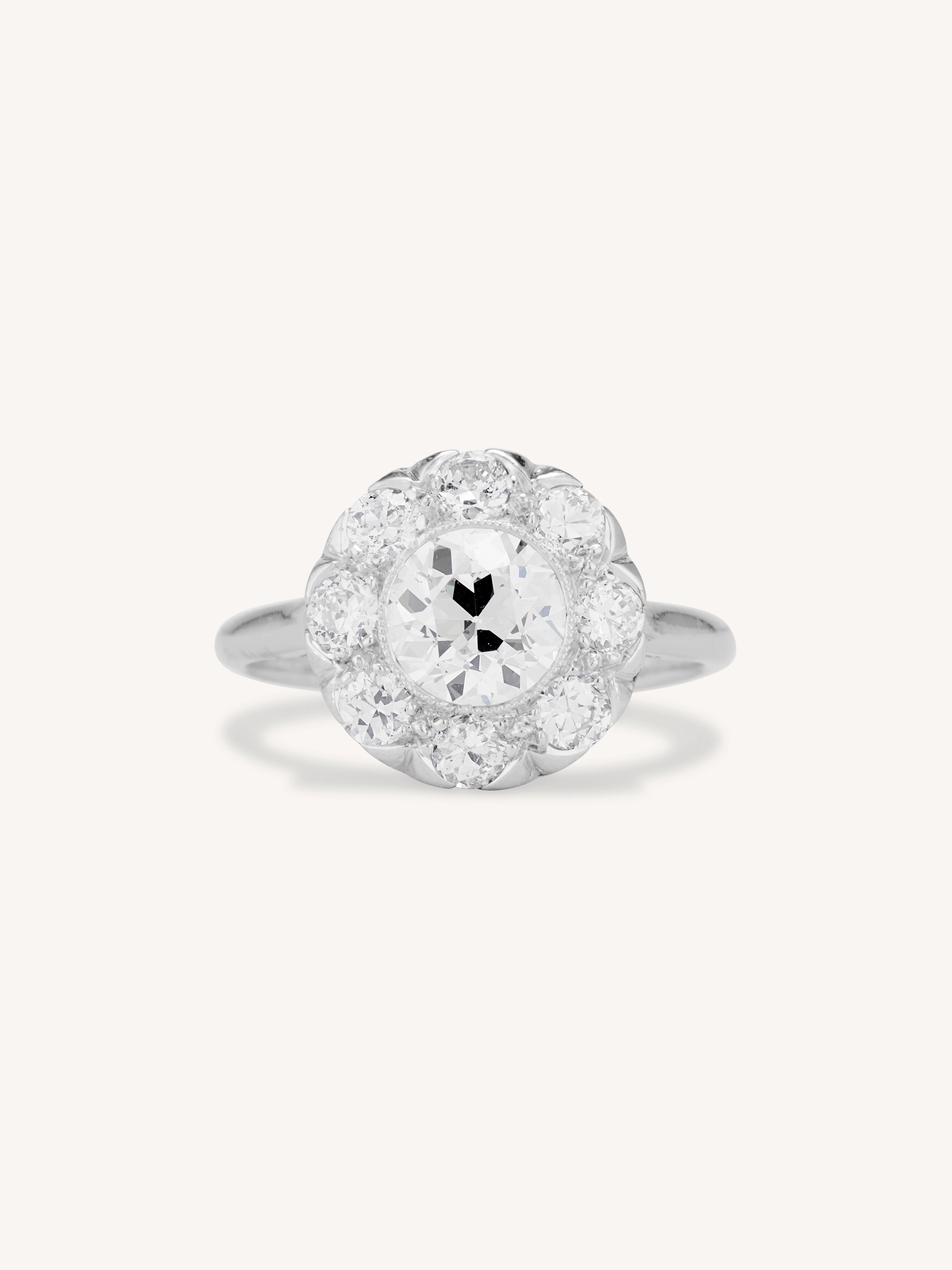 Late Art Deco 1.36 Carat Transitional Cut Diamond Cluster Vintage Engagement Ring