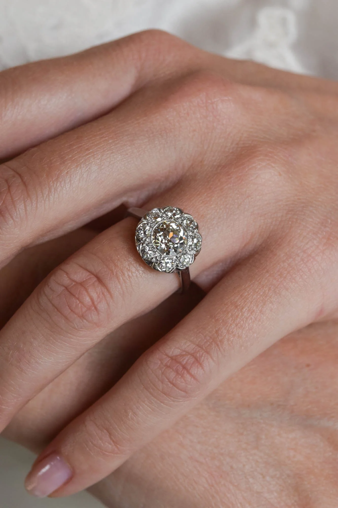 Late Art Deco 1.36 Carat Transitional Cut Diamond Cluster Vintage Engagement Ring - Image 2