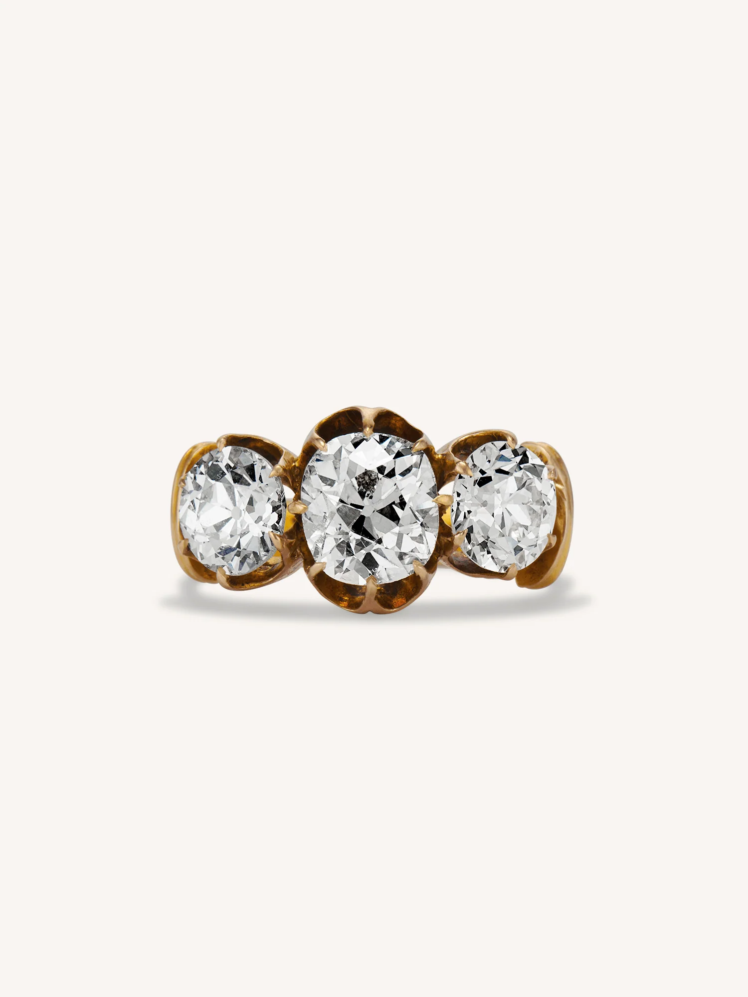 Late Victorian 1.66 Carat Old Mine Cushion Cut Three Stone Antique Diamond Engagement Ring