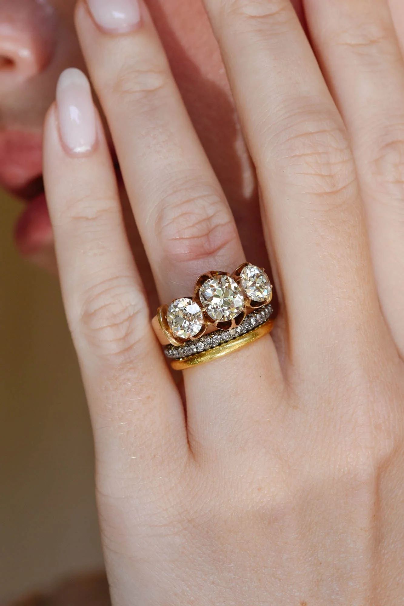 Late Victorian 1.66 Carat Old Mine Cushion Cut Three Stone Antique Diamond Engagement Ring - Image 2