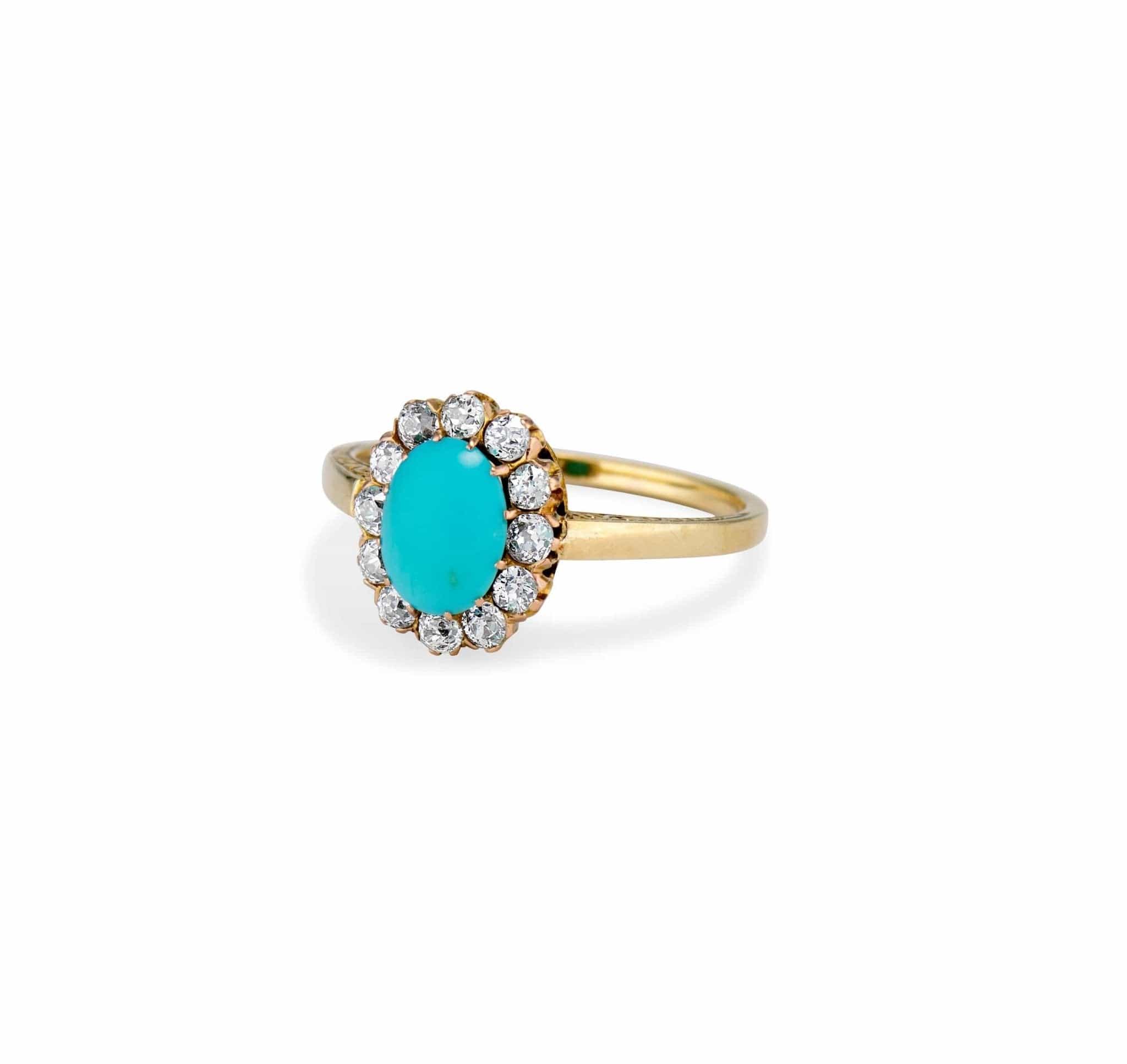 Late Victorian .90 Turquoise Cabochon and Diamond Cluster Ring - Image 2
