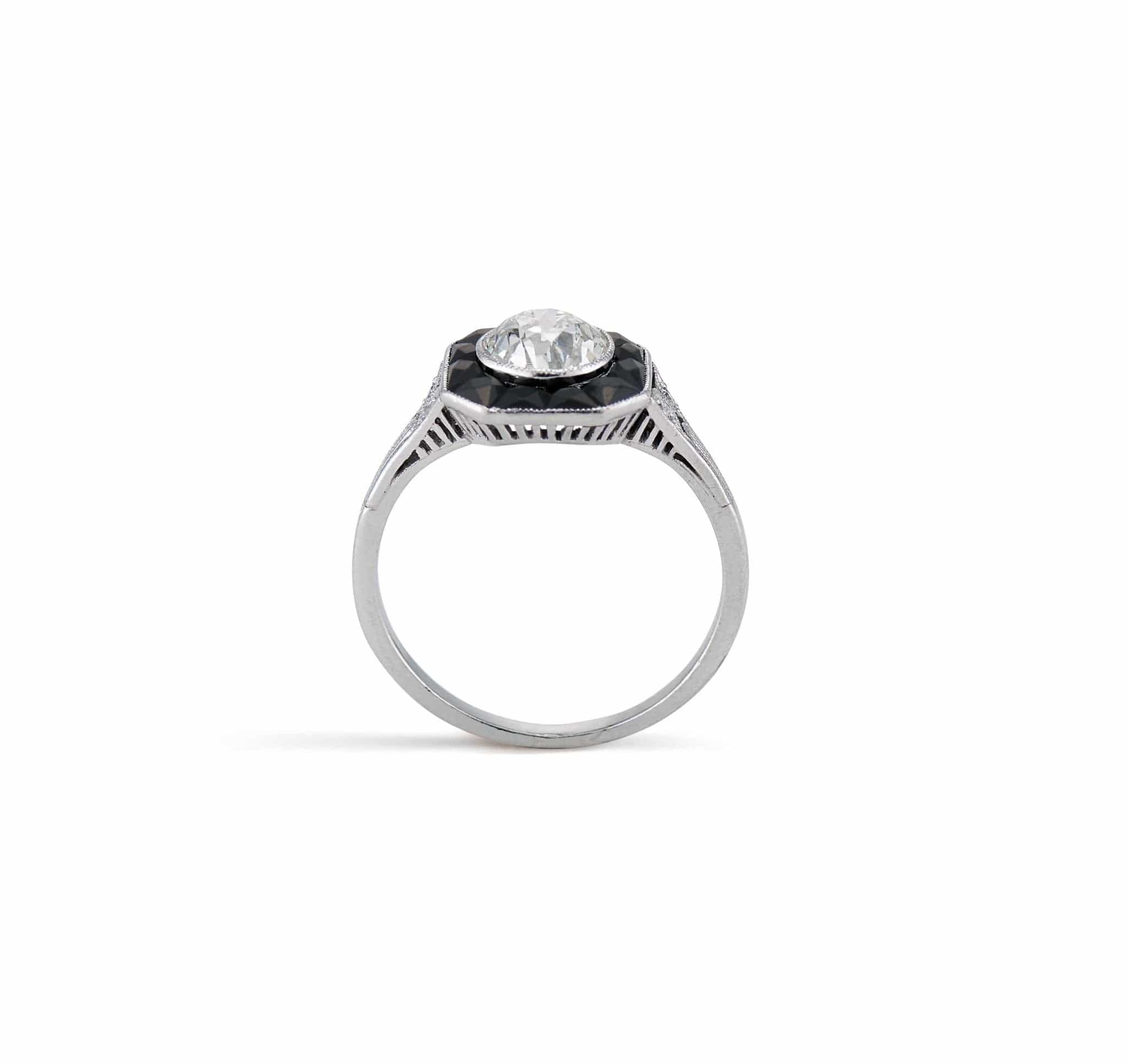 Marcus & Co. Art Deco Onyx and .98 Carat Old European Diamond Engagement Ring - Image 4