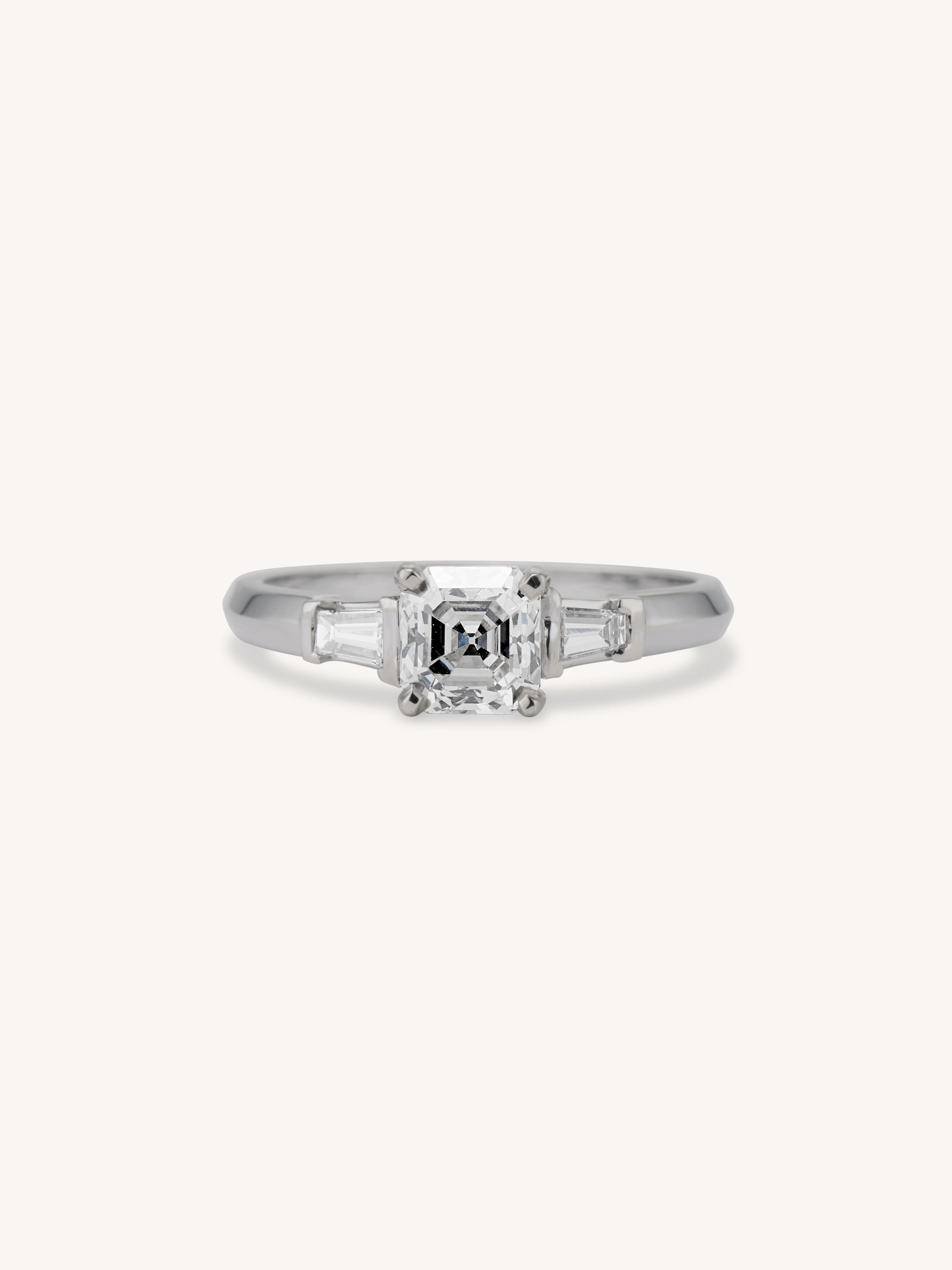 Mid-Century 1.04 Carat Asscher Cut Diamond Three Stone White Gold Engagement Ring