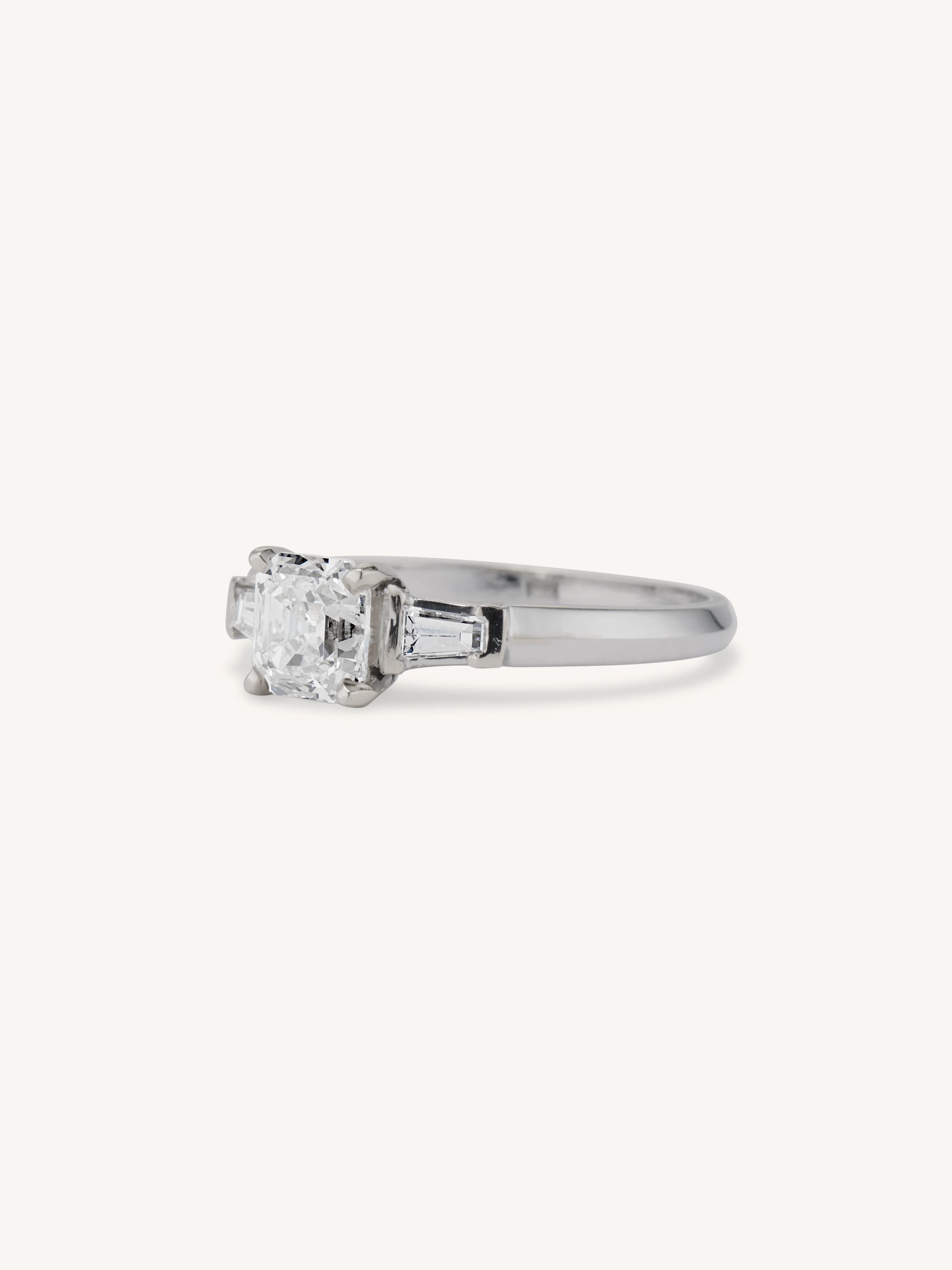 Mid-Century 1.04 Carat Asscher Cut Diamond Three Stone White Gold Engagement Ring - Image 2