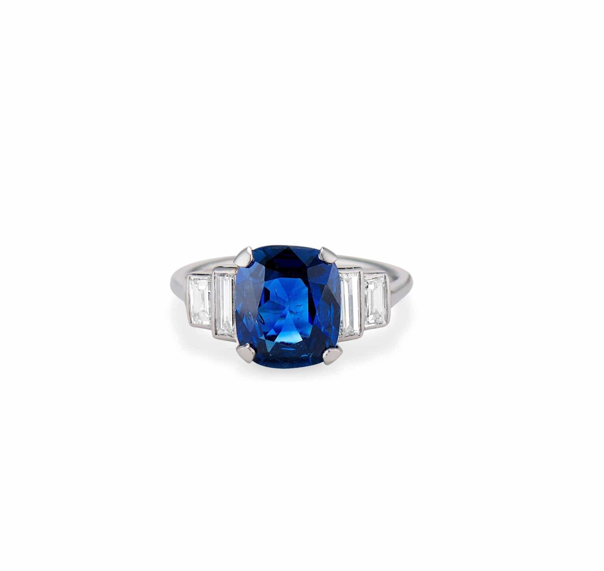 Mid-Century 3.40 Carat Cushion-Cut Sapphire and Diamond Ring, France