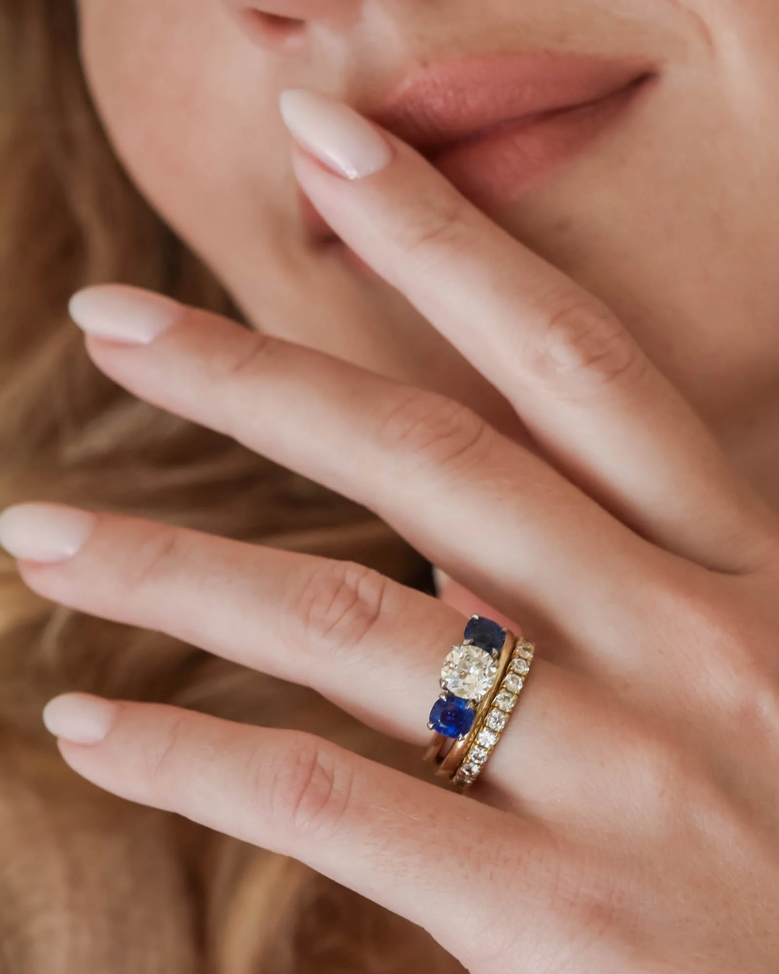 Mid Century Old European Cut Diamond & Sapphire Three Stone Vintage Engagement Ring - Image 2