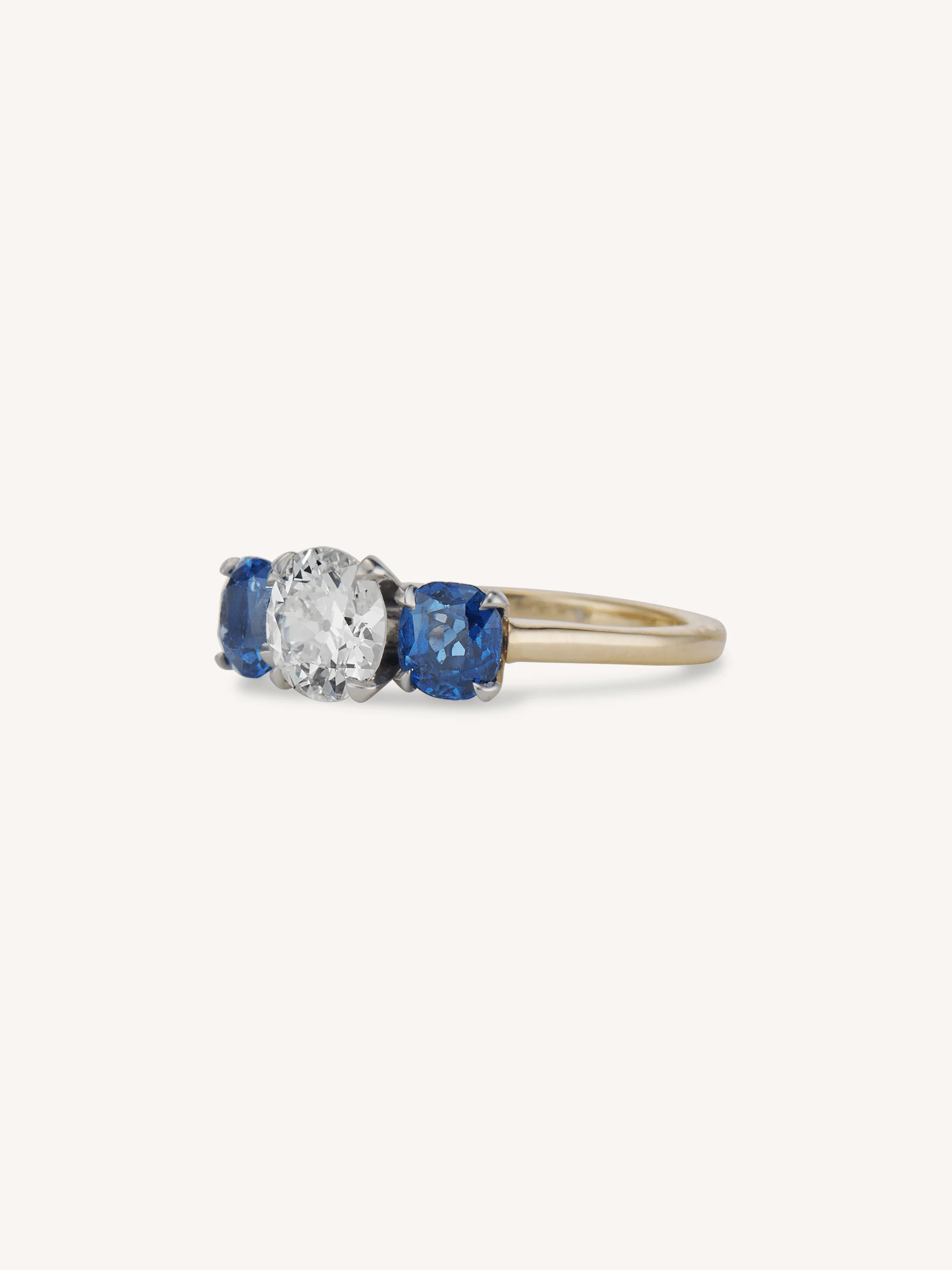 Mid Century Old European Cut Diamond & Sapphire Three Stone Vintage Engagement Ring - Image 4