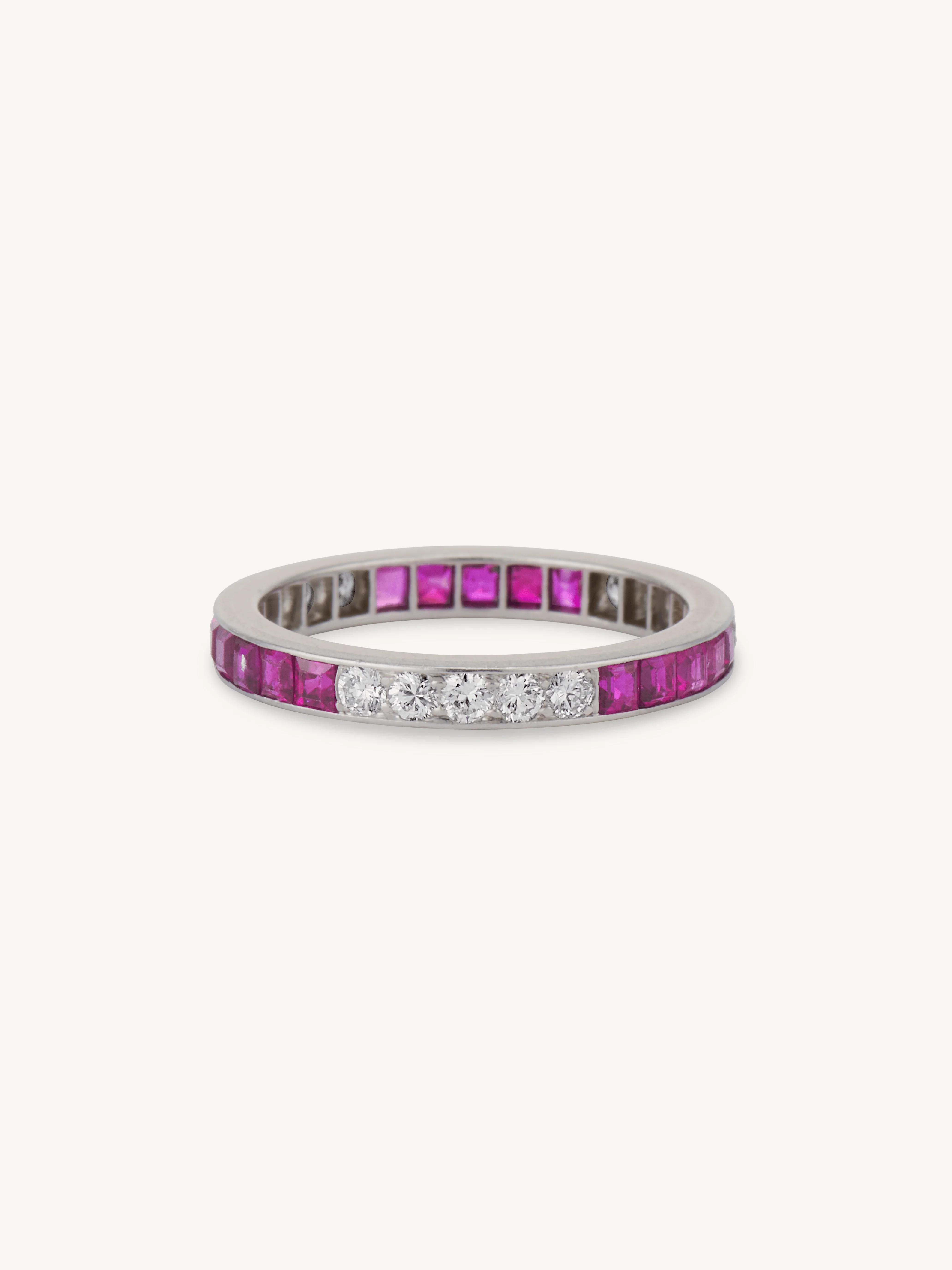 Cartier 1930's Art Deco Carré Cut Ruby & Diamond Platinum Vintage Eternity Band - Size 5.5
