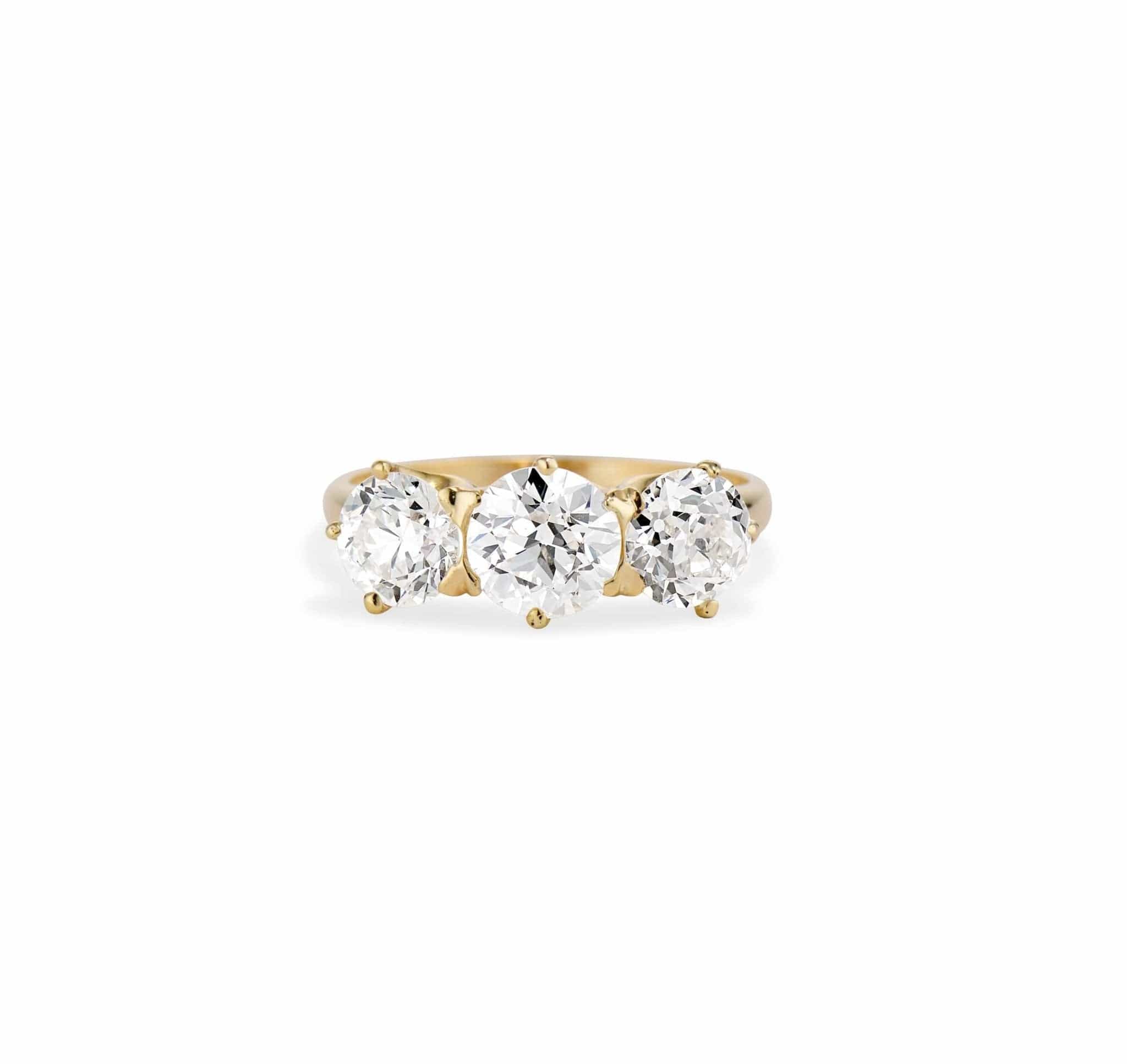 Tiffany & Co. 1940s 2.63 Carat Three-Stone Old European Diamond and Gold Ring