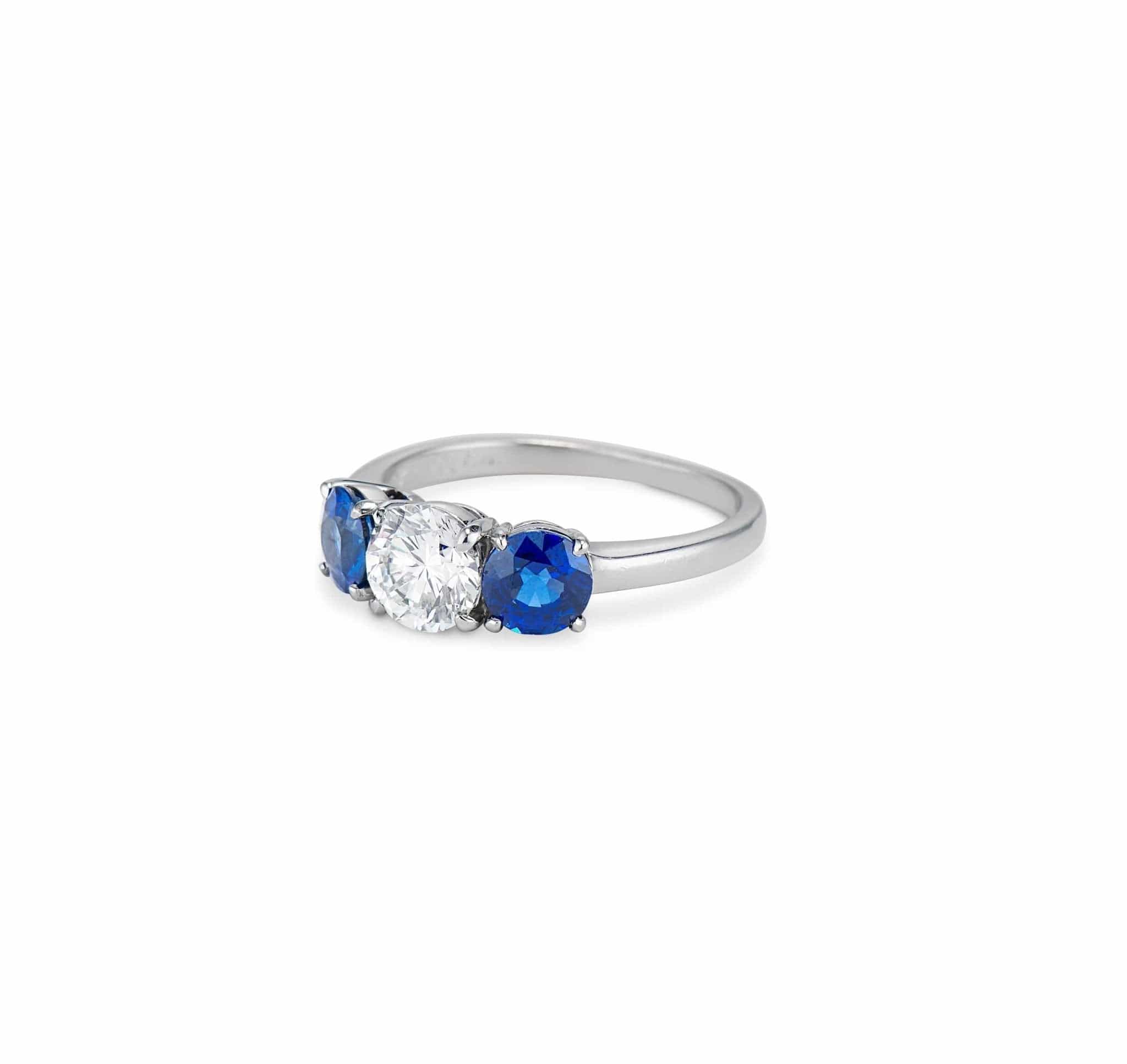 Tiffany & Co. Mid-Century Diamond and Sapphire Three-Stone Ring, American - Image 2