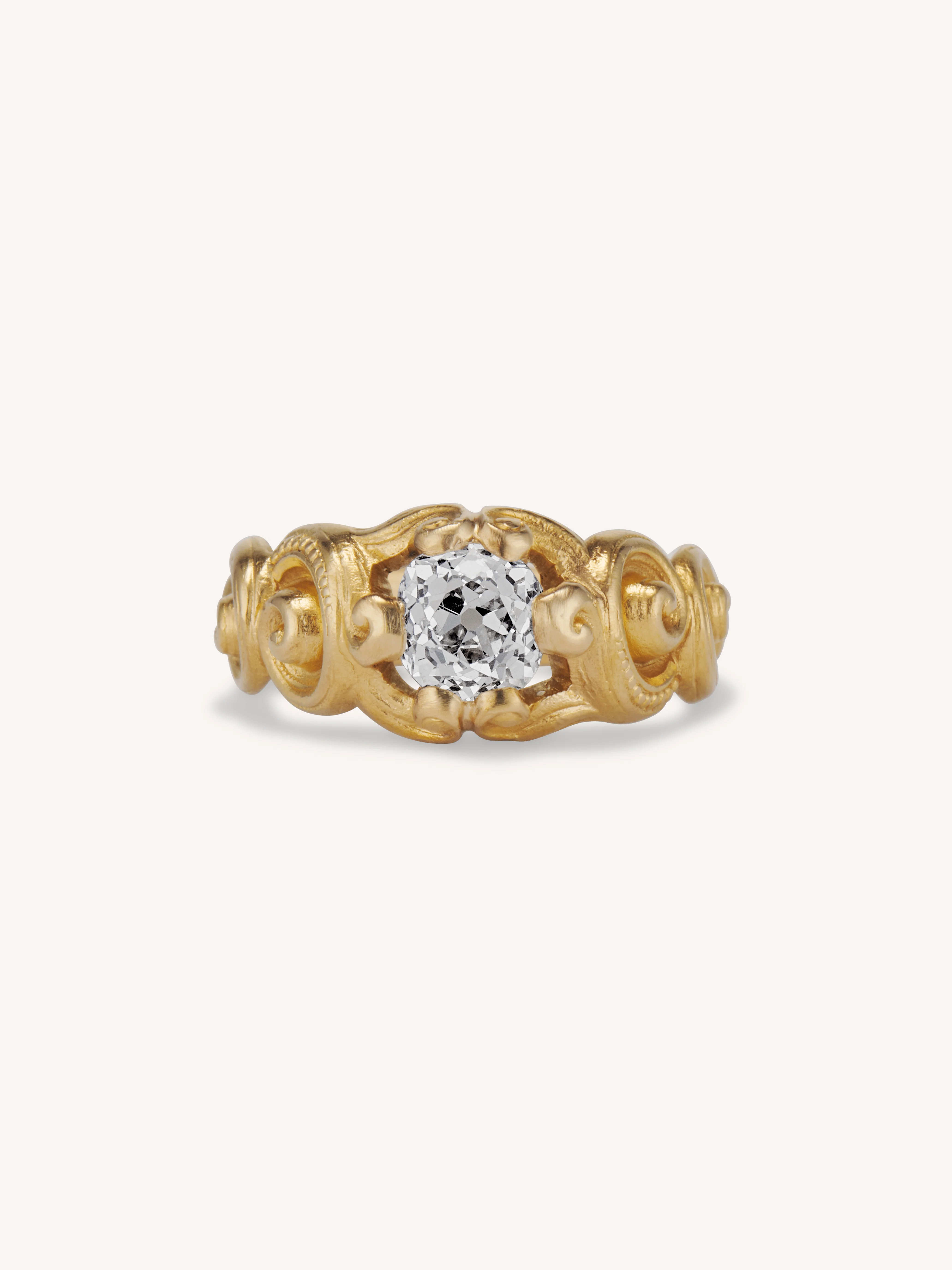 Unique Victorian 1.07 Carat Old Mine Cushion Diamond Antique Golden Spiral Ring