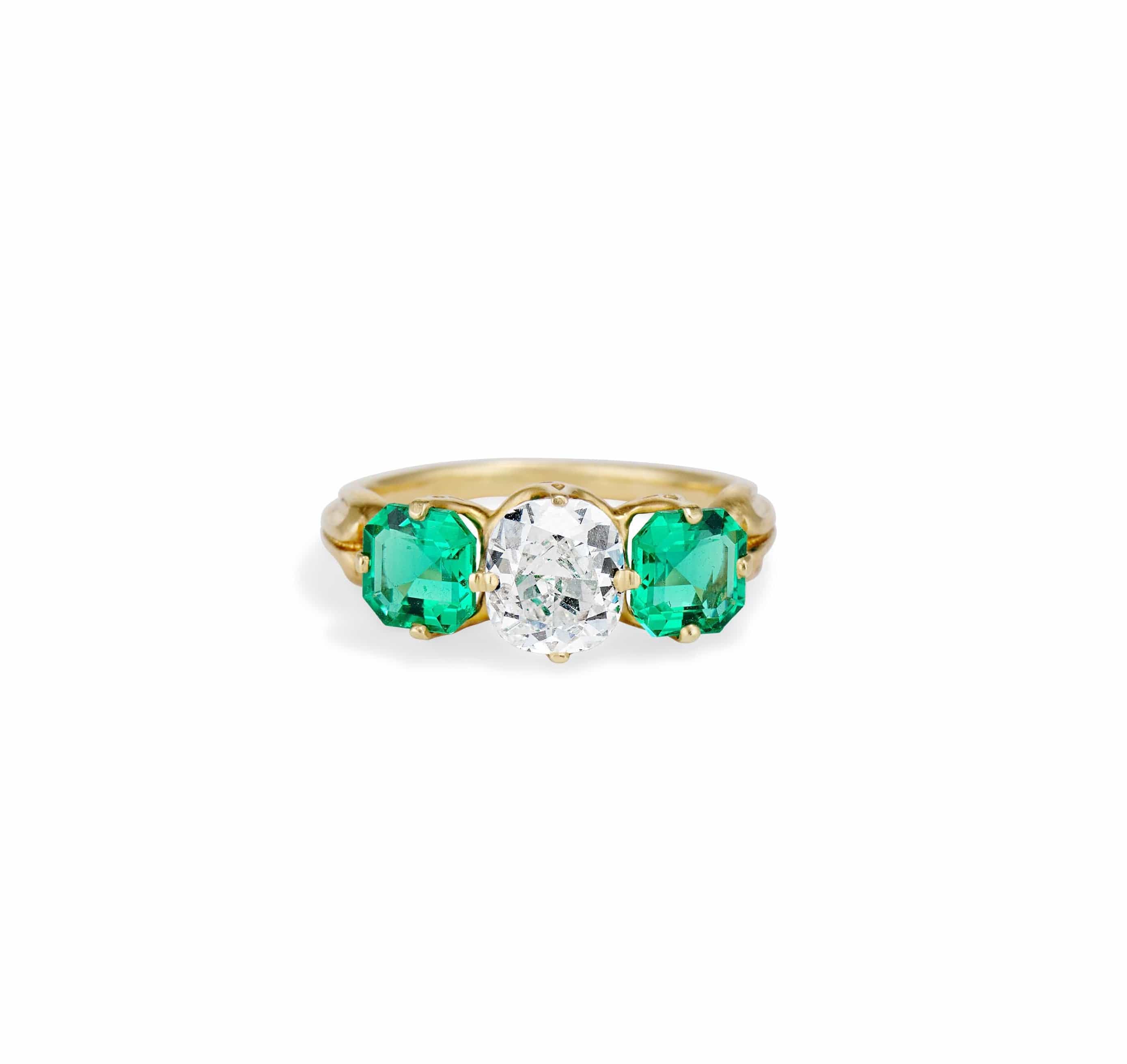 Victorian 1.16 Carat Cushion Cut Diamond and Emerald Engagement Ring - Image 2