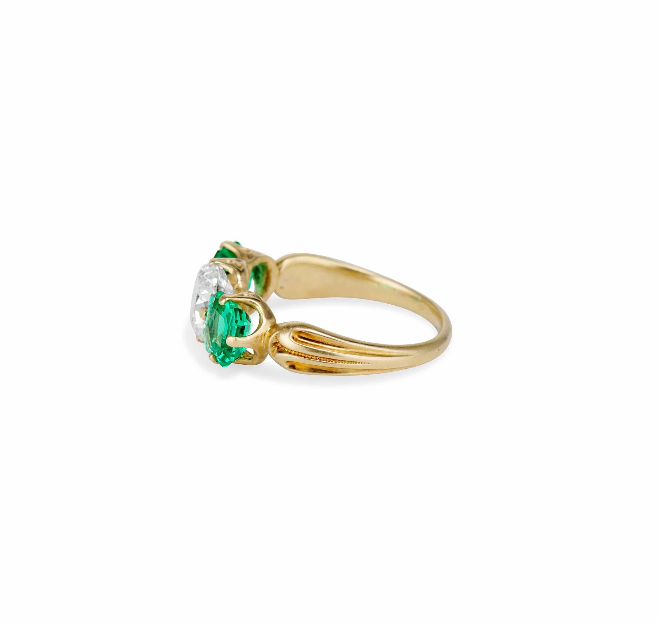 Victorian 1.16 Carat Cushion Cut Diamond and Emerald Engagement Ring - Image 3