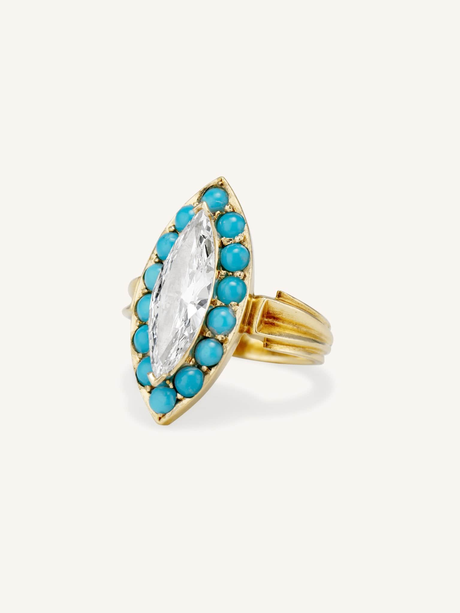 Victorian 1.31 Marquise Cut Diamond & Turquoise Navette Engagement Ring