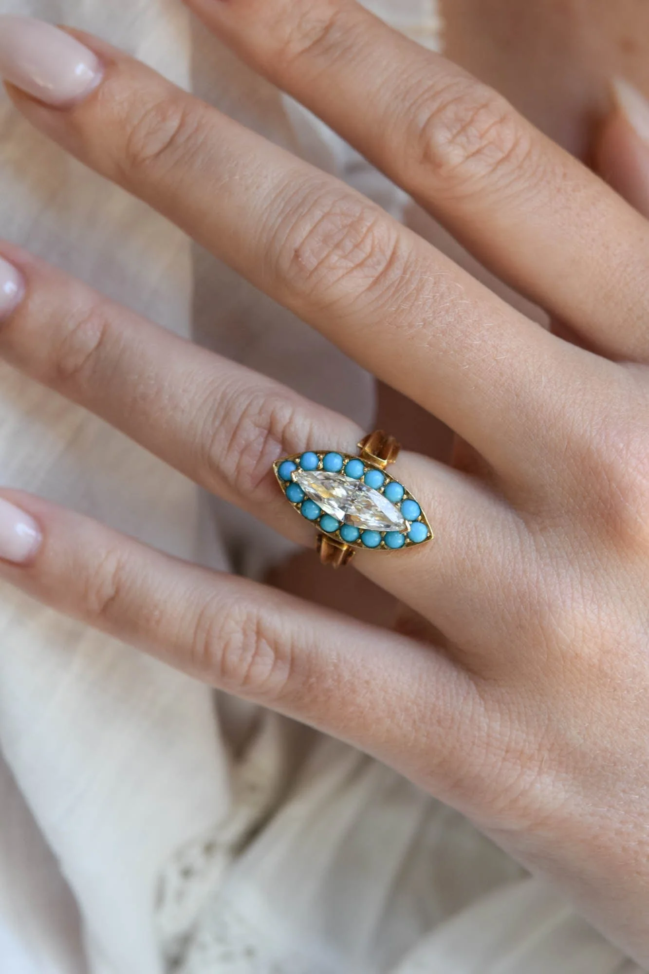 Victorian 1.31 Marquise Cut Diamond & Turquoise Navette Engagement Ring - Image 2