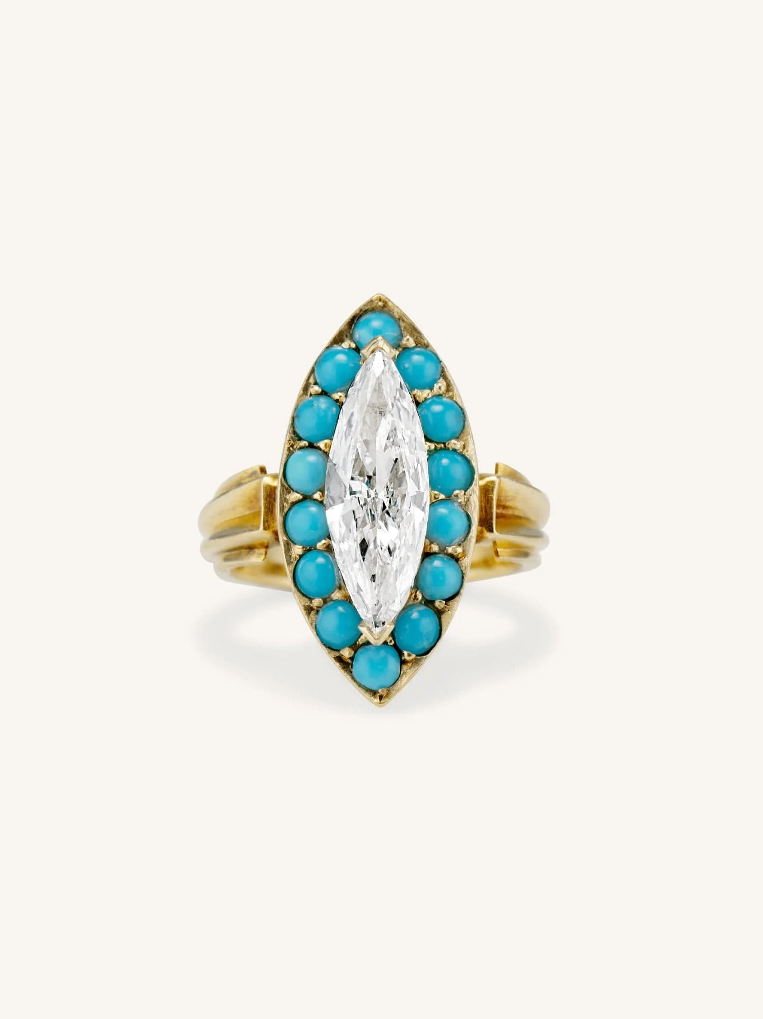 Victorian 1.31 Marquise Cut Diamond & Turquoise Navette Engagement Ring - Image 4