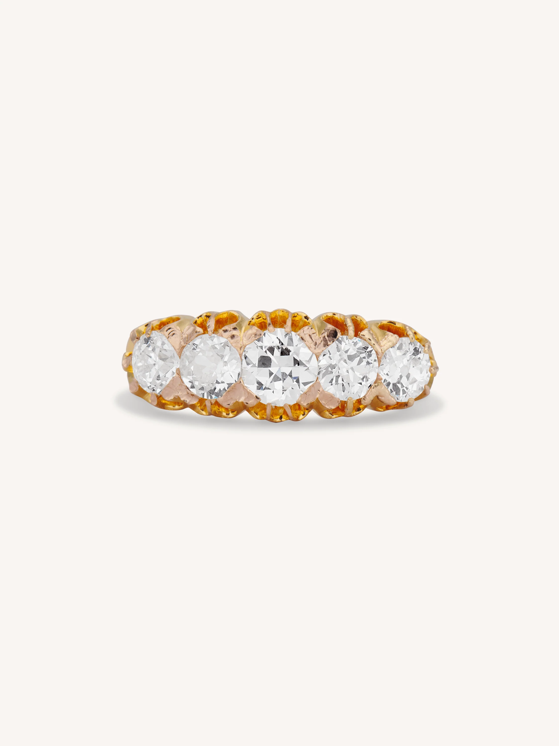 Victorian 1.56 Carat Old European Cut Diamond Five Stone Antique Carved Half Band Ring, England