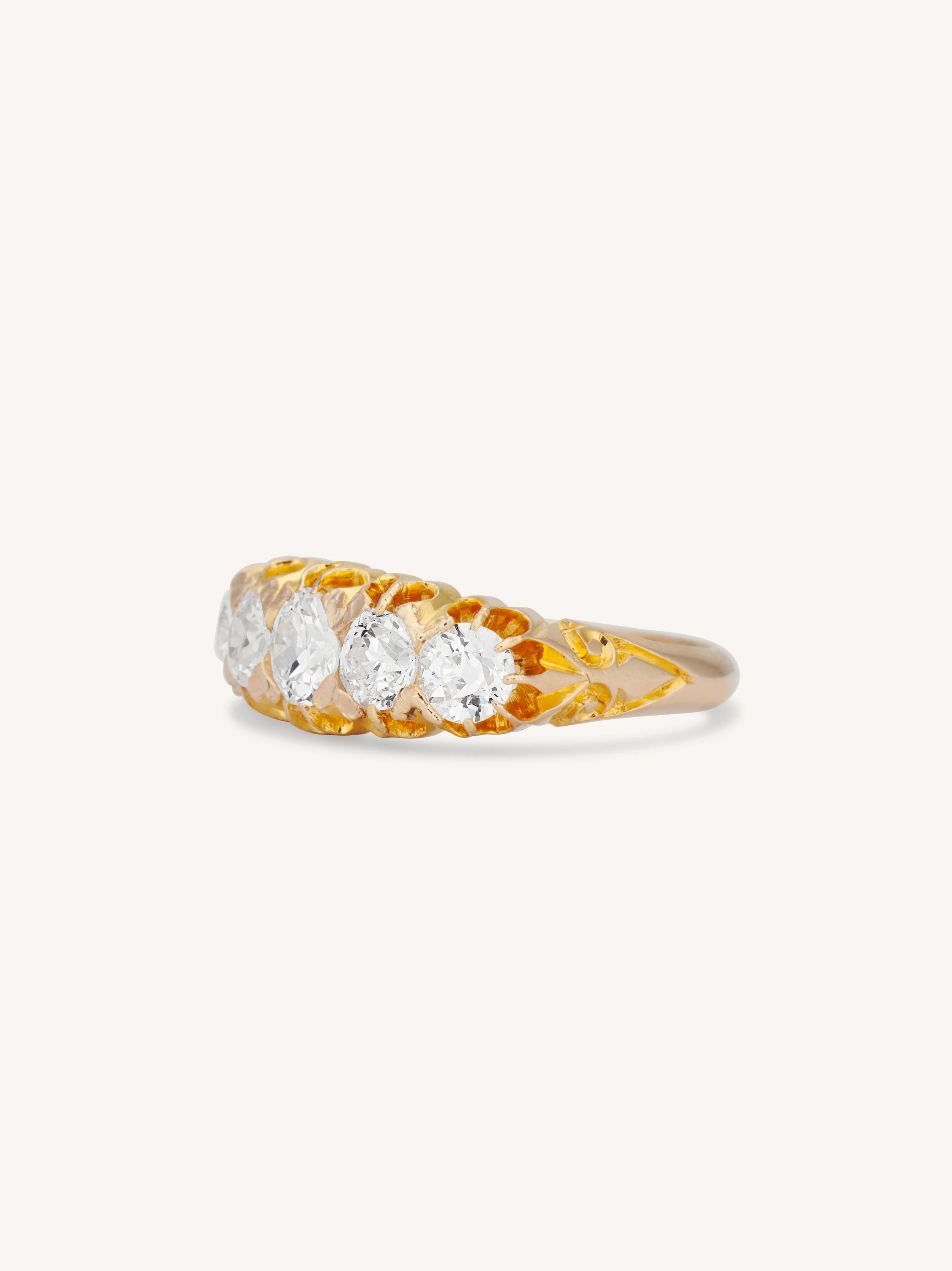 Victorian 1.56 Carat Old European Cut Diamond Five Stone Antique Carved Half Band Ring, England - Image 4