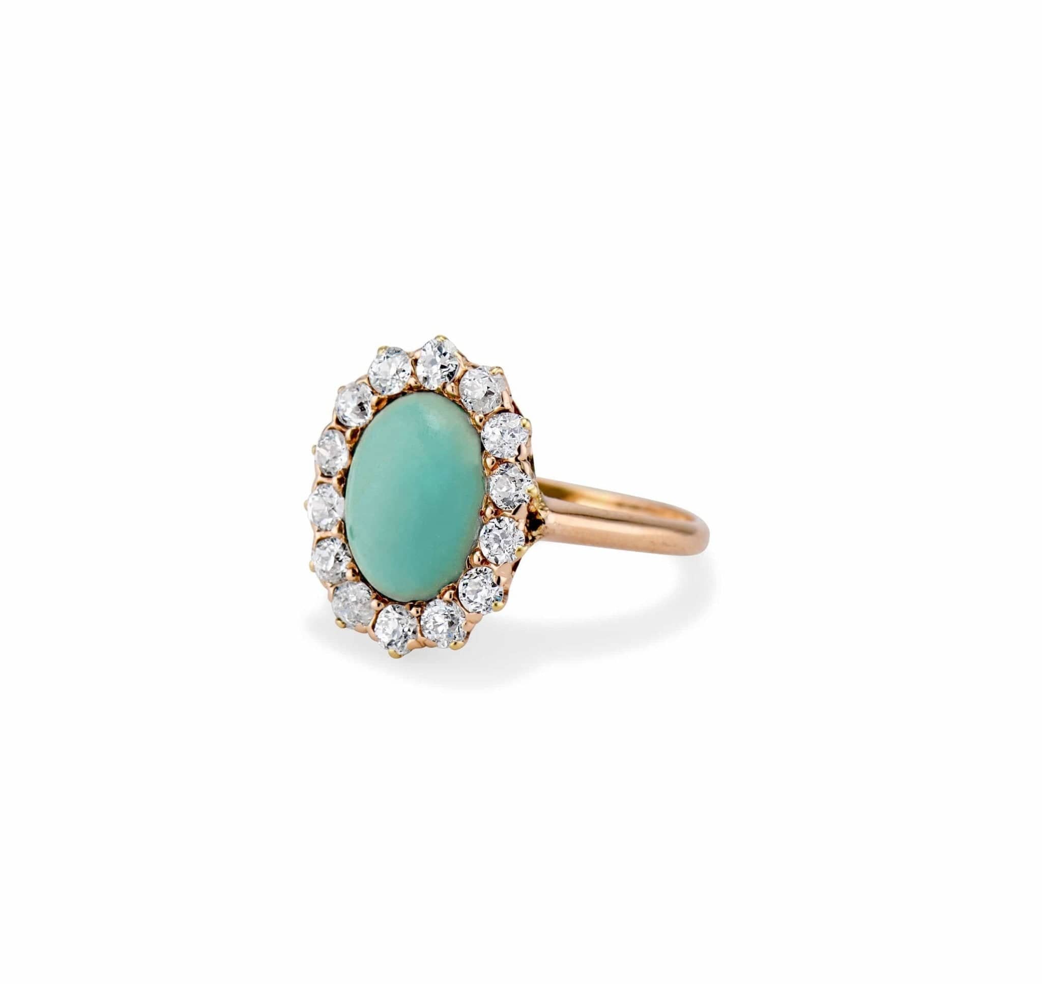 Victorian 1.60 Carat Oval-Shaped Turquoise and Diamond Cluster Ring - Image 2