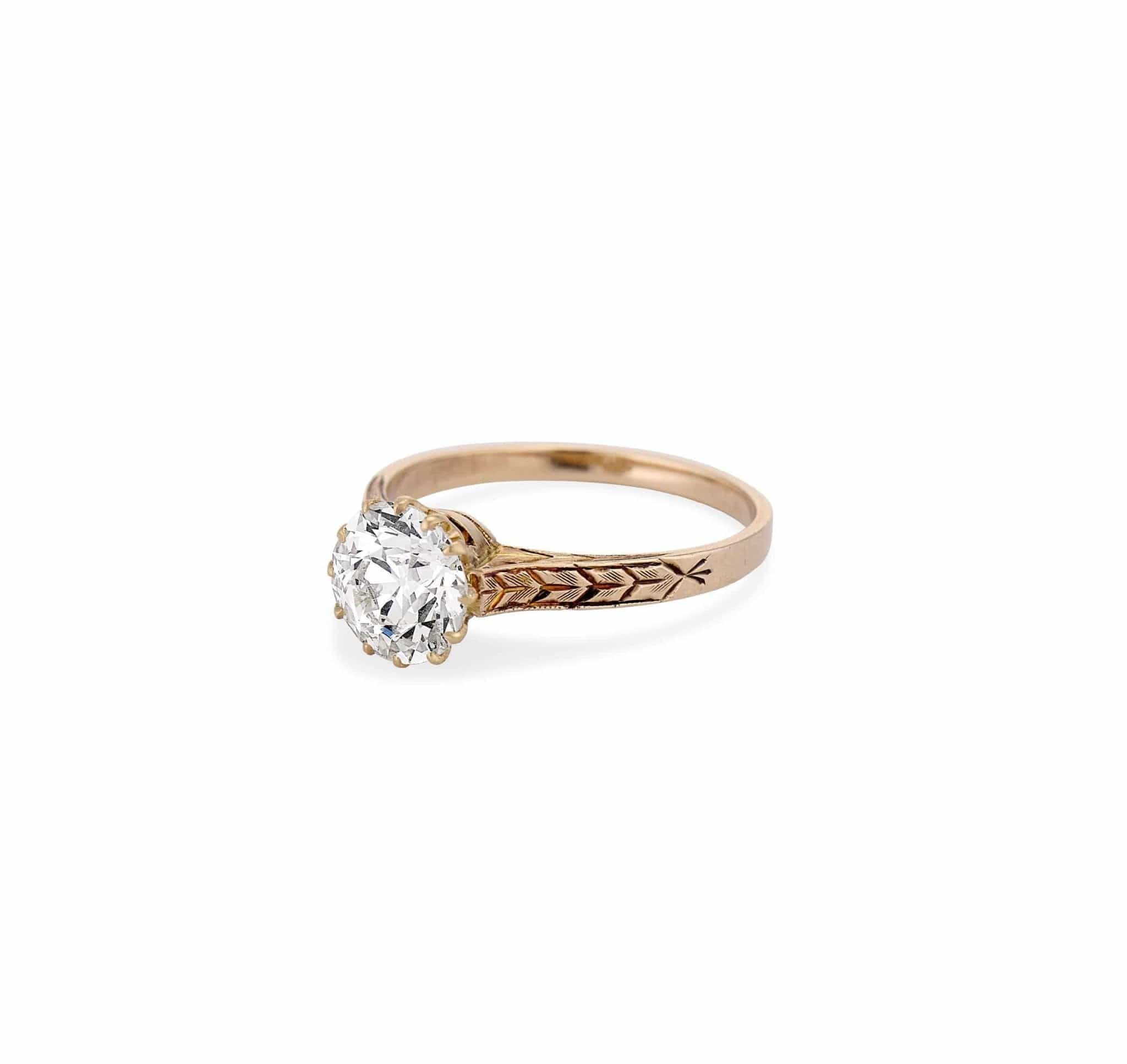 Victorian 1.69 Carat Old European Diamond Yellow Gold Engraved Ring