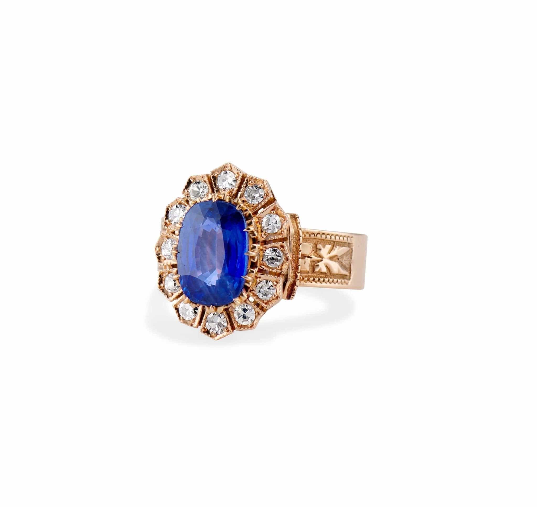 Victorian 2.12 Carat Cushion Untreated Burmese Sapphire and Diamond Engagement Ring - Image 2