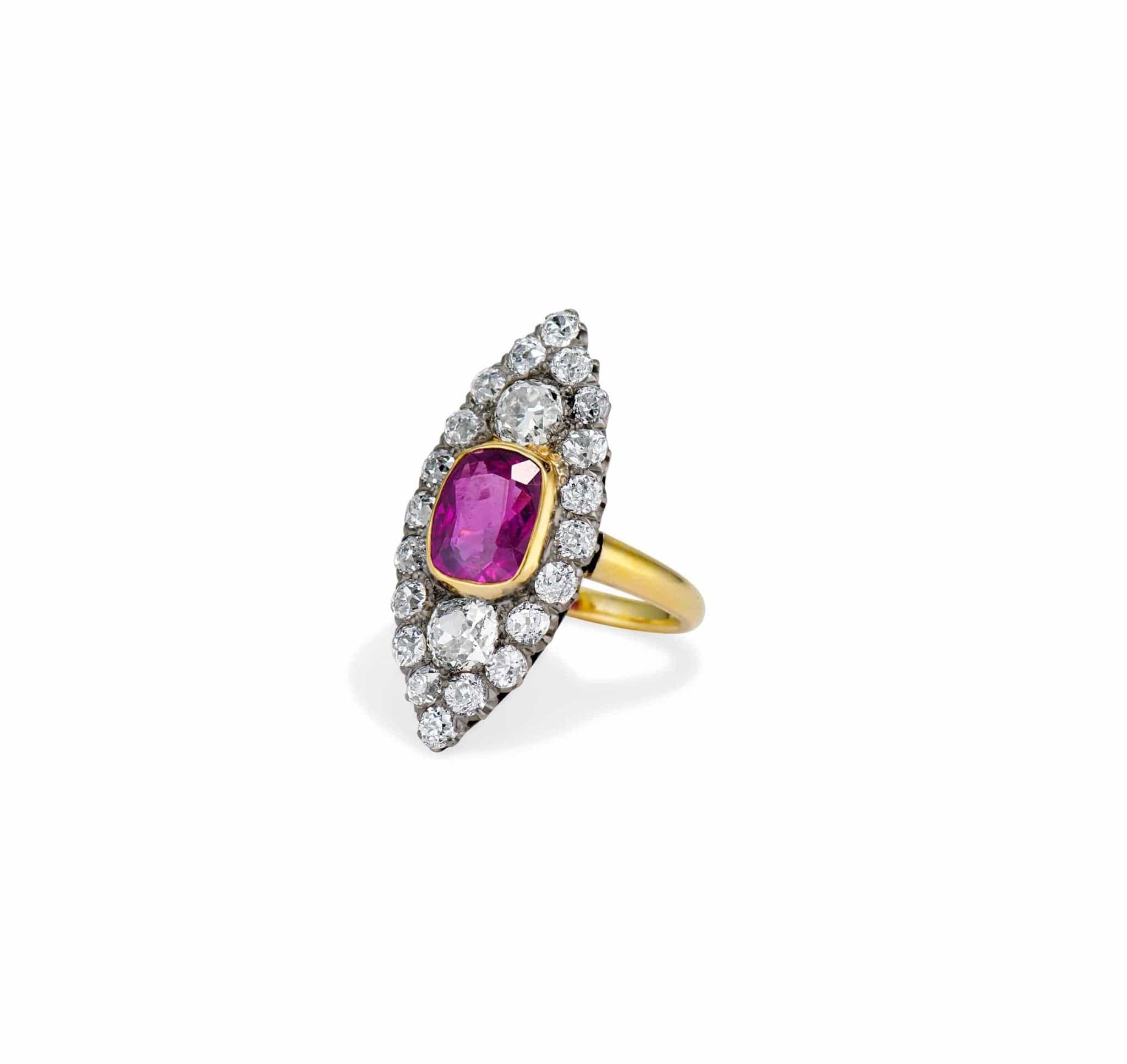 Victorian 3.93 Purplish Pink Elongated Cushion-Cut Sapphire Navette Ring - Image 2