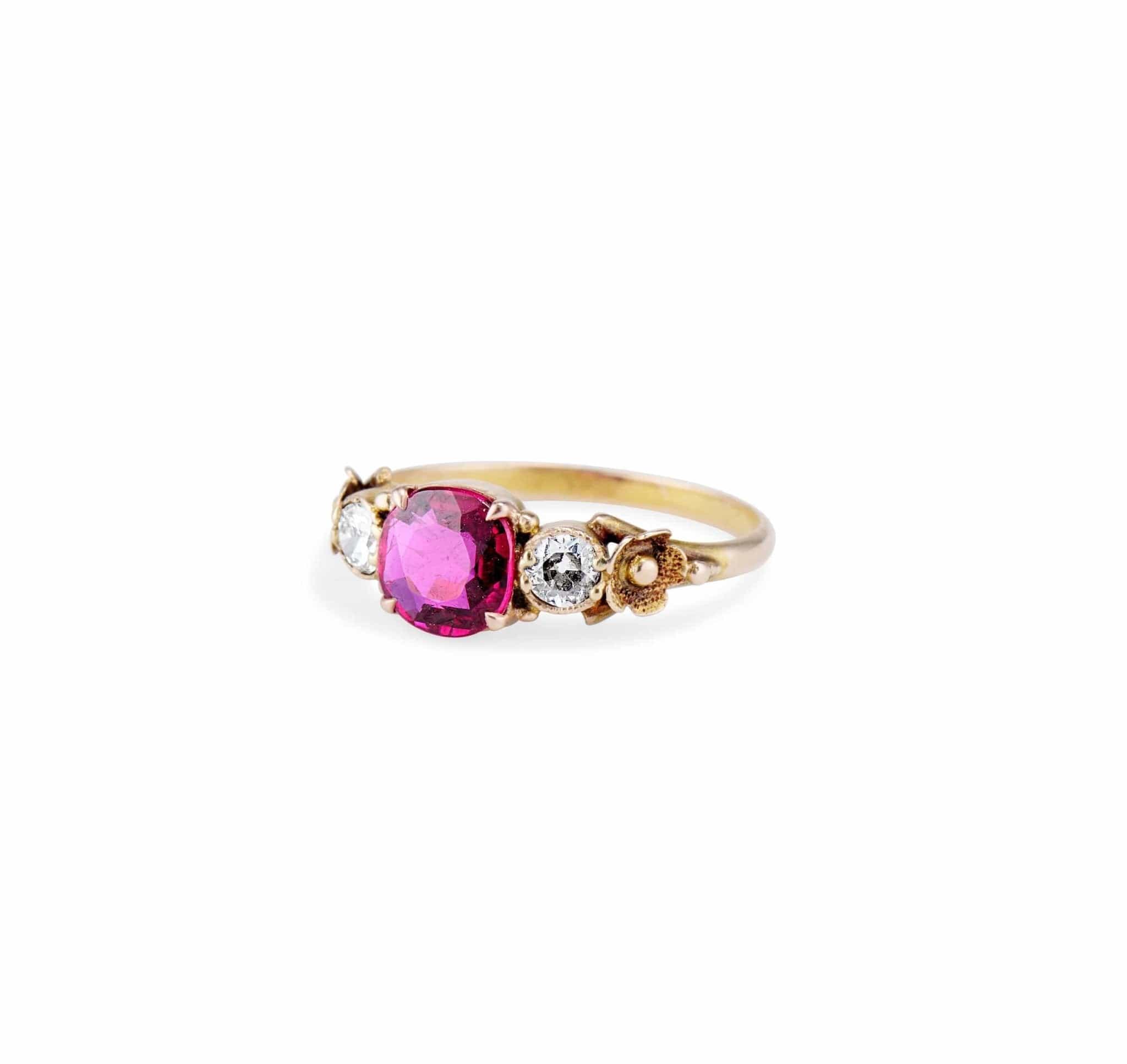 Victorian .98 Carat Cushion Cut Ruby and Diamond Engagement Ring