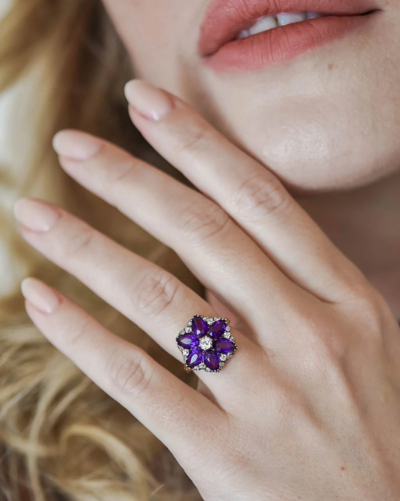 Victorian Amethyst & Diamond Flower Cluster Ring - Image 2