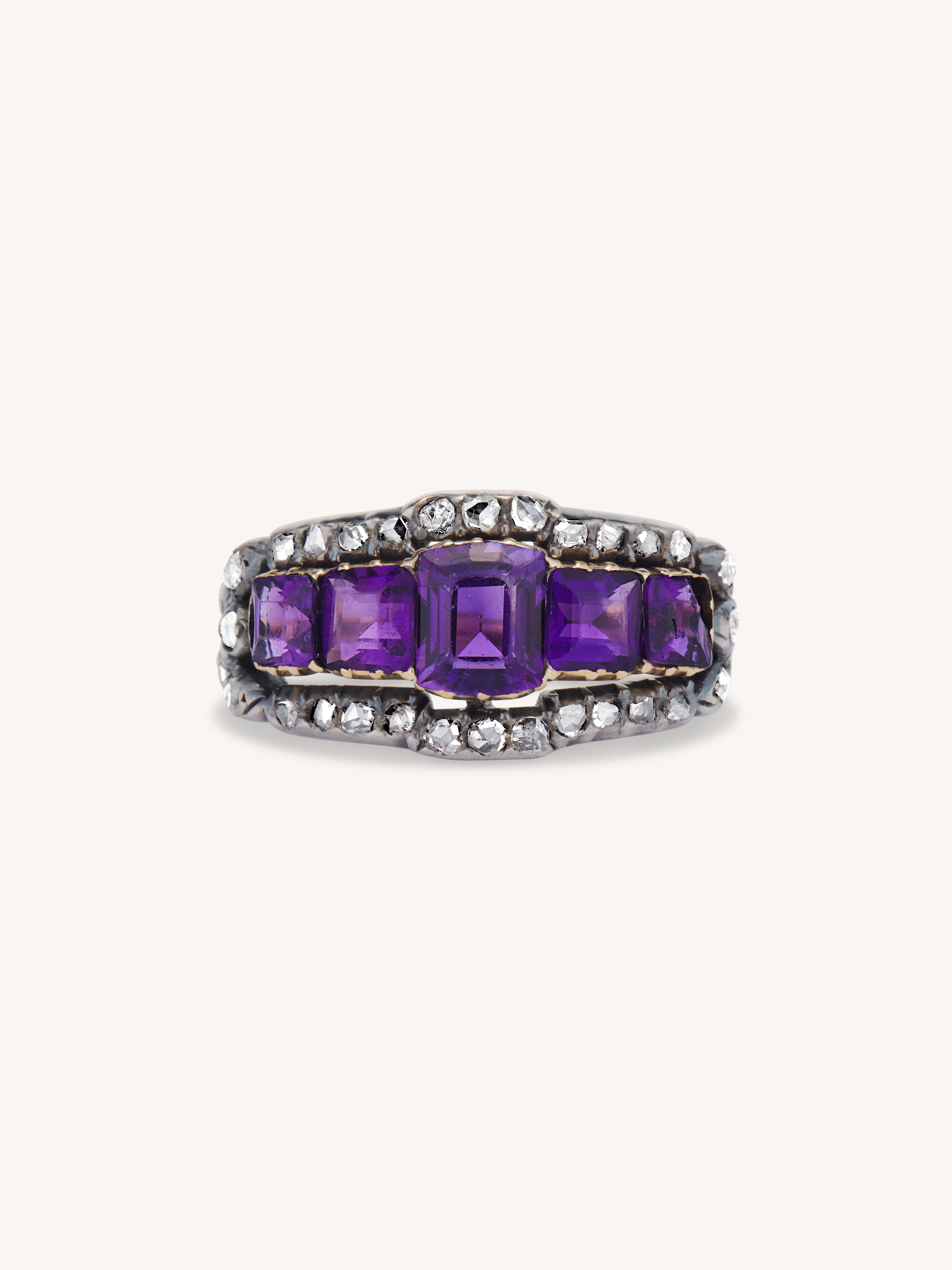 Victorian Amethyst & Rose Cut Diamond Five Stone Antique Ring