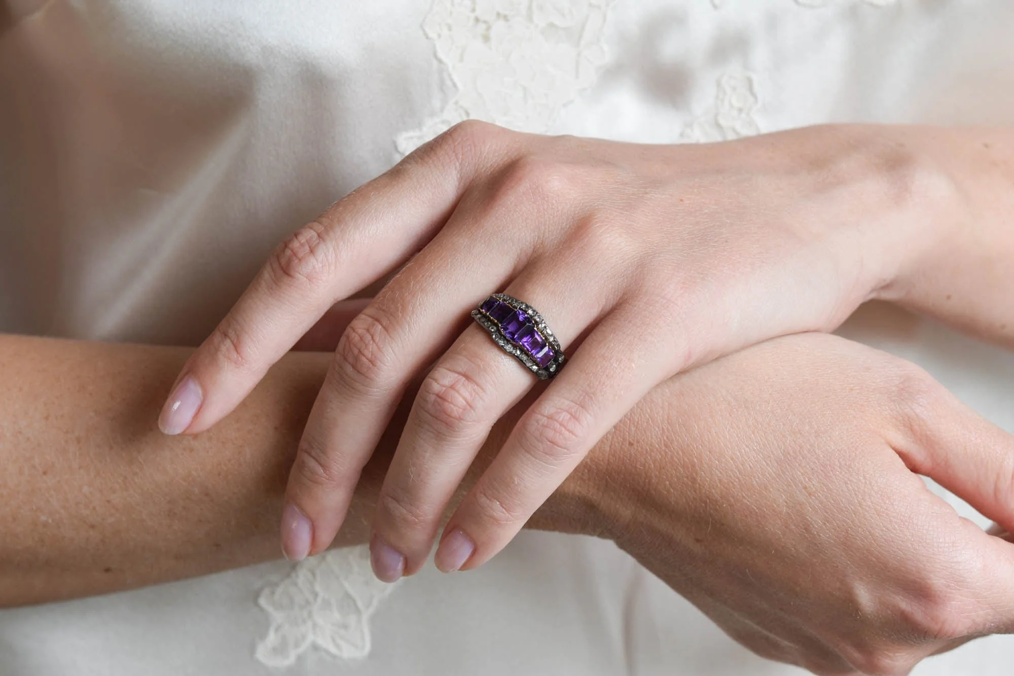 Victorian Amethyst & Rose Cut Diamond Five Stone Antique Ring - Image 7