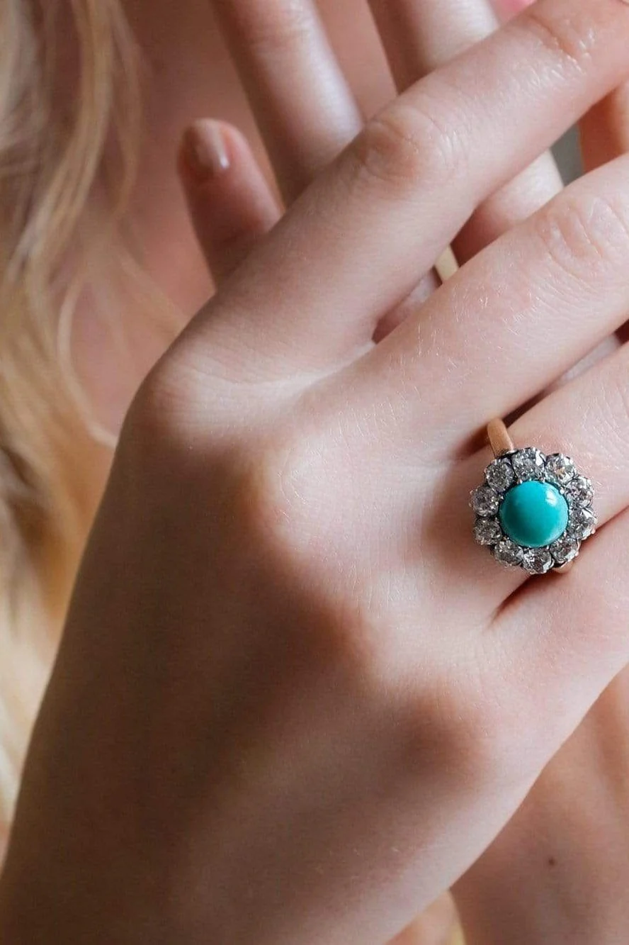 Victorian Cabochon Turquoise and Diamond Ring - Image 5