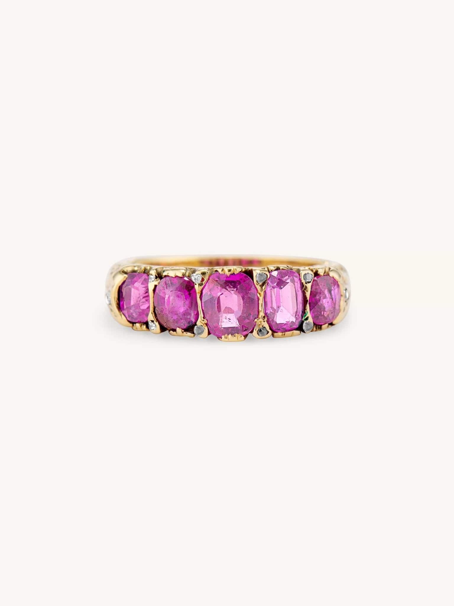 Victorian Cushion Cut Ruby Carved Half Hoop