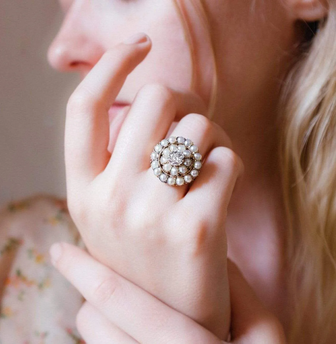 Victorian Diamond and Pearl Cluster Ring - Image 4