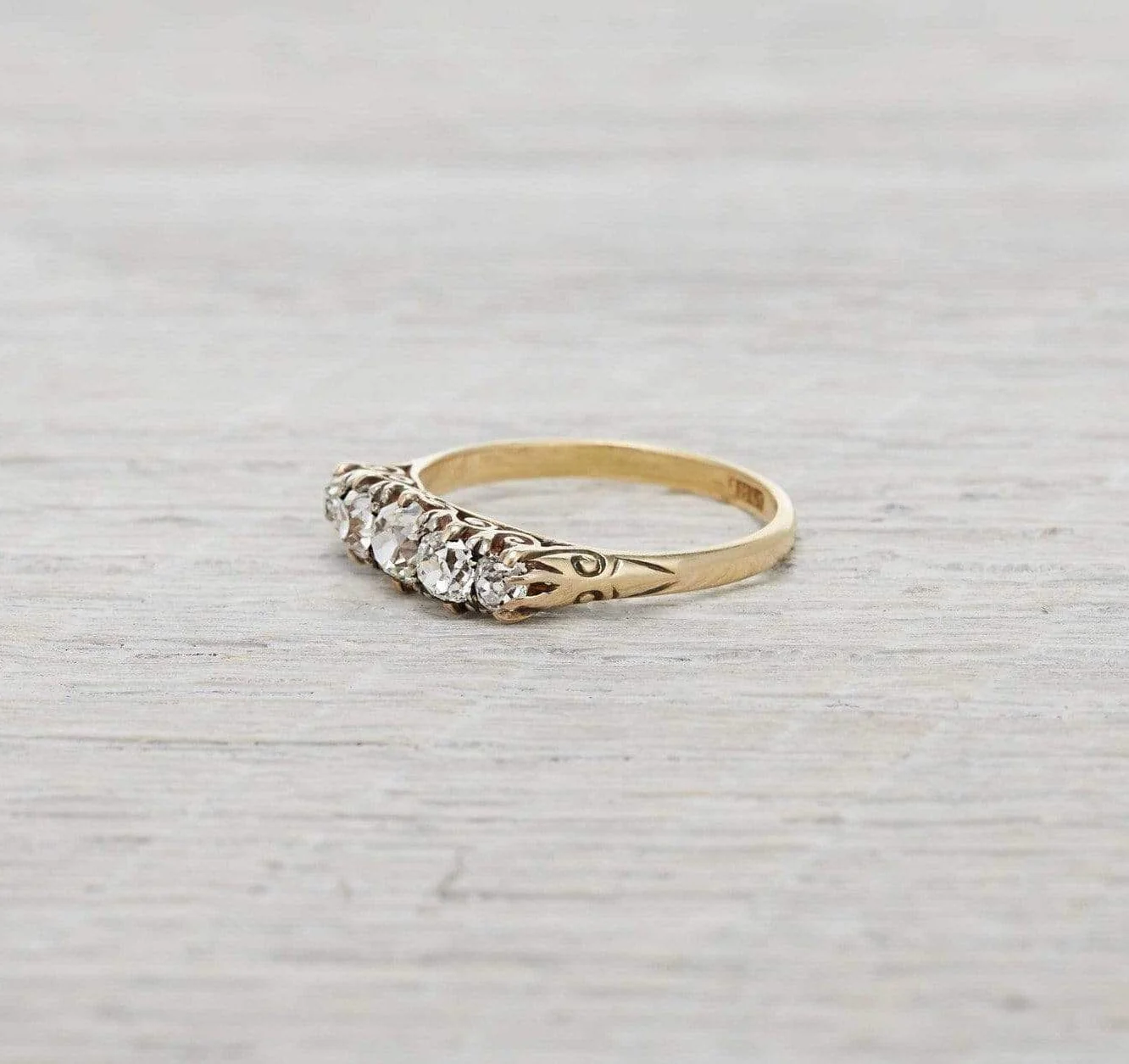 Victorian Diamond Carved Half Hoop Five Stone Engagement Ring