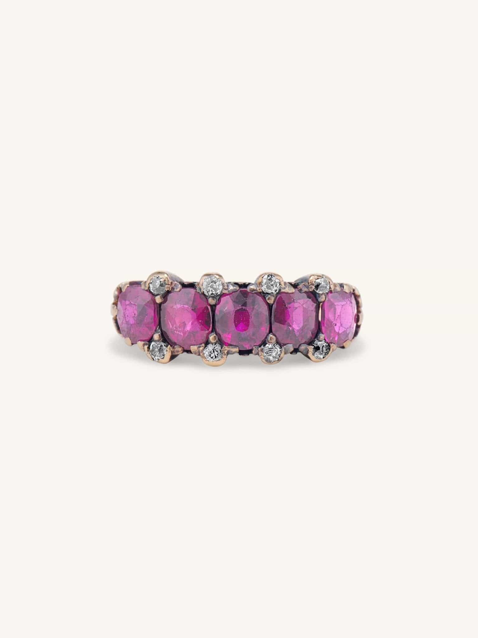 Victorian Five Stone Ruby & Rose Cut Diamond Carved Half Hoop